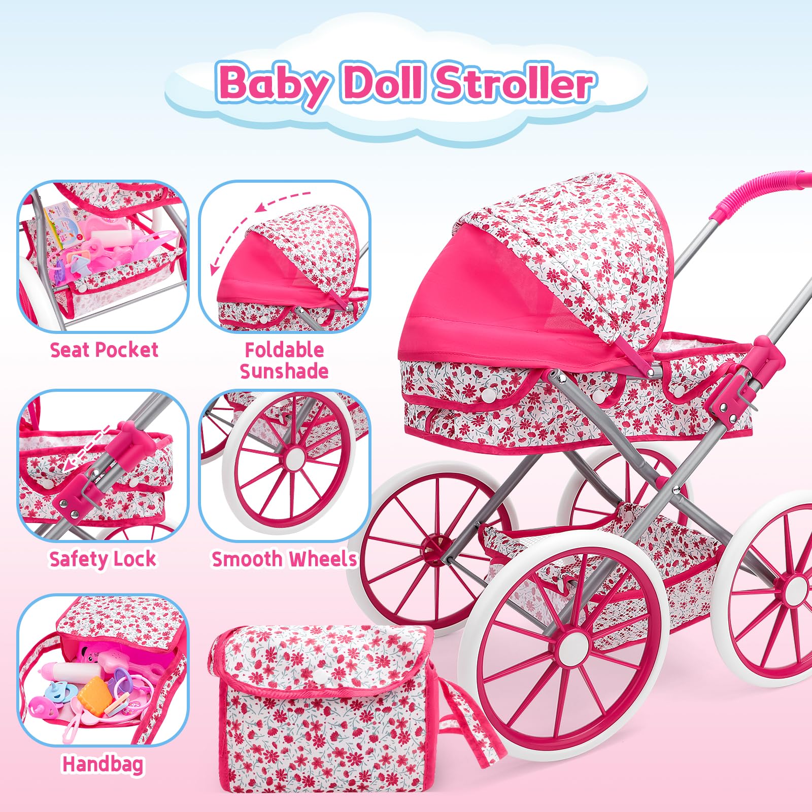 deAO Carrozzina Bambole con Bambola 30 cm, Seggiolone e Accessori Passeggino Giocattolo per Bambina dai 3 Anni, con Cestino Portaoggetti e Borsa Giocattolo Educativo per Bambina 3+ Anni