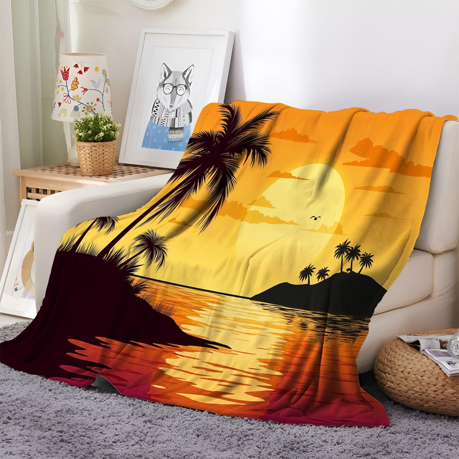 Genérico Manta Franela para Cama Isla Puesta De Sol Palmeras 220x240 cm Manta para Sofá, Suave, Cálida, Transpirable, Manta de Microfibra Multiusos para Viajes y Camping