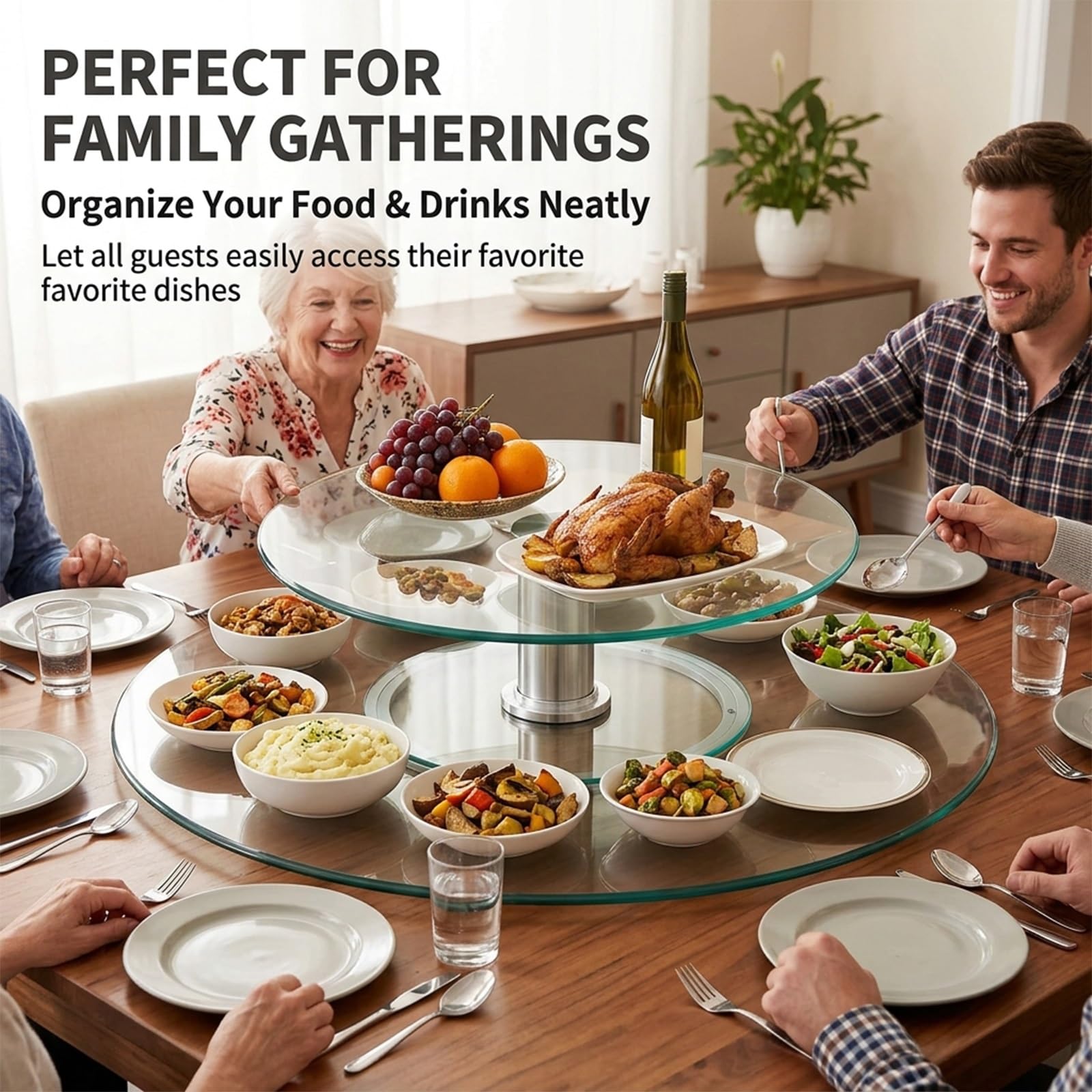 Lazy Susan A Doppio Livello Per Tavolo Da Pranzo, Vassoio Rotante In Vetro Temperato Silenzioso A 360°, Centro Tavola E Organizzatore Rotondo Per Cene In Famiglia, Banchetti E Matrimoni