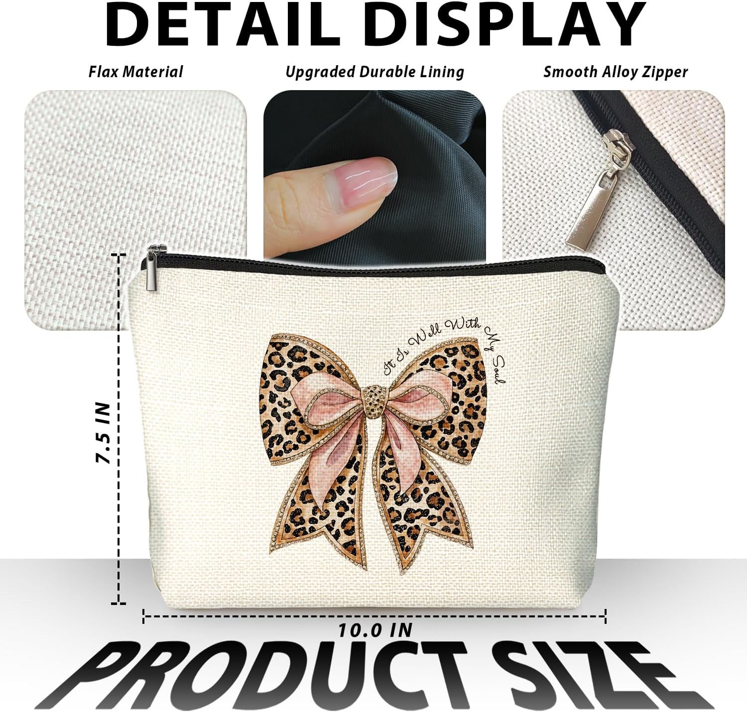 Coquette Leopard Print Bow Christian Makeup Bag, She Is Worthy Blue Girly Cosmetic Bags for Women, Christian Gifts for Women, Preppy Aesthetic Zipper Makeup Pouch - Image 2