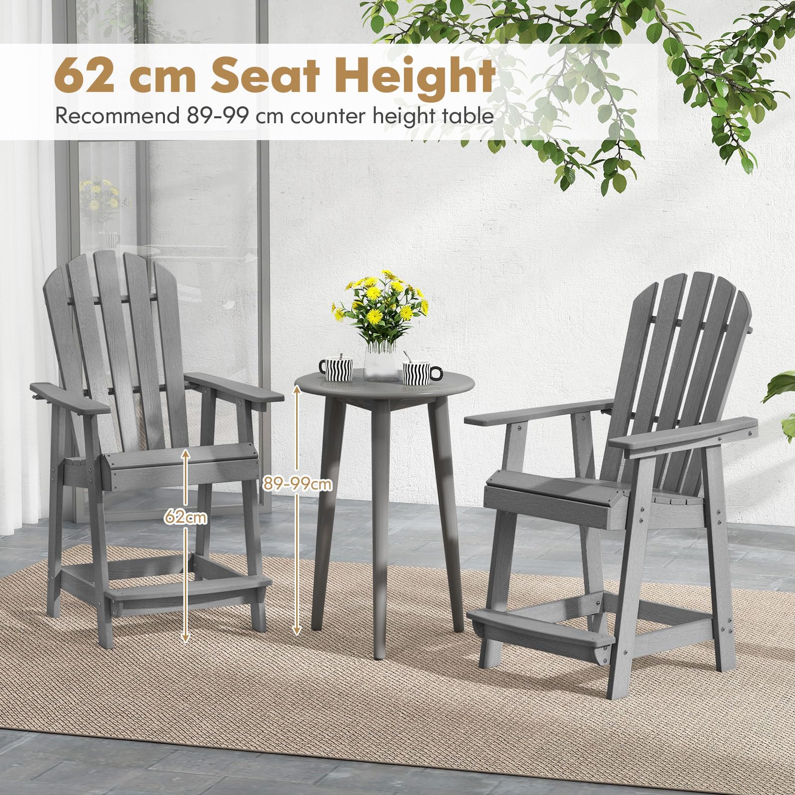 GIANTEX Adirondack Stuhl Hoch mit Fußstütze, Hochstuhl Gartenstuhl Balkonstuhl wetterfest aus HDPE, Barstuhl mit Armlehnen & lamellierte Sitzfläche & Rückenlehne, Outdoor Adirondack Chair 70x85x119 cm