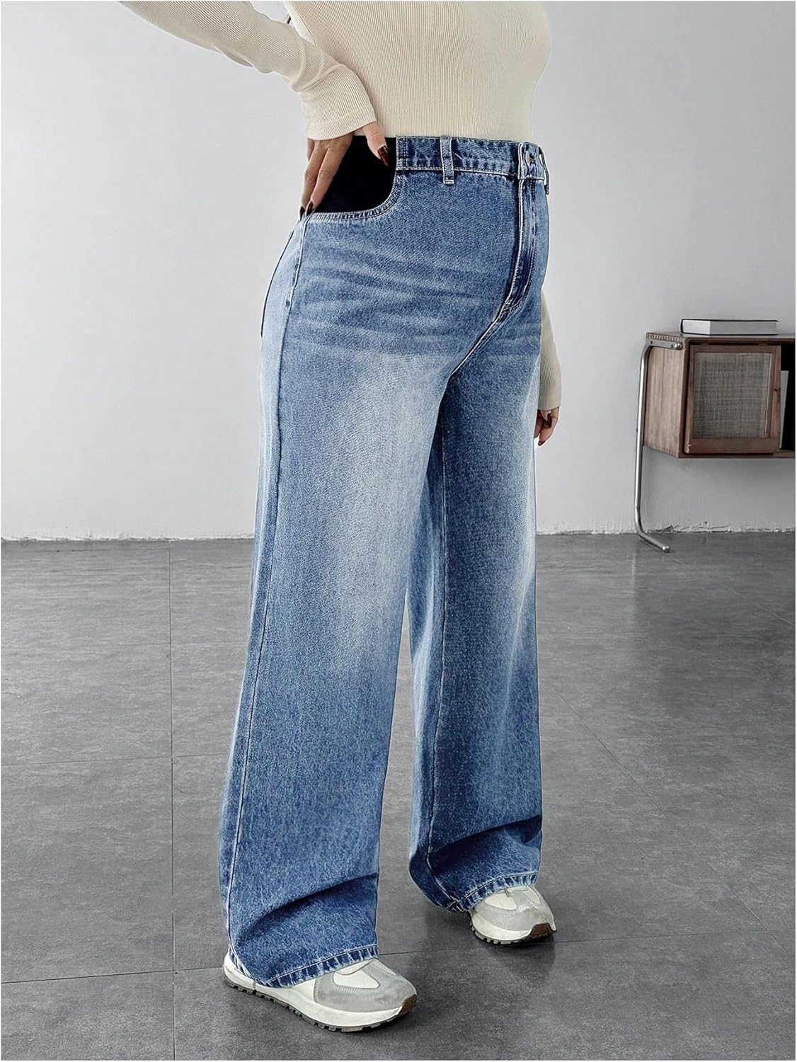 MakeMeChic Women’s Maternity Jeans Loose Wide Leg Over The Belly Straight Pregnancy Jeans Denim Pants