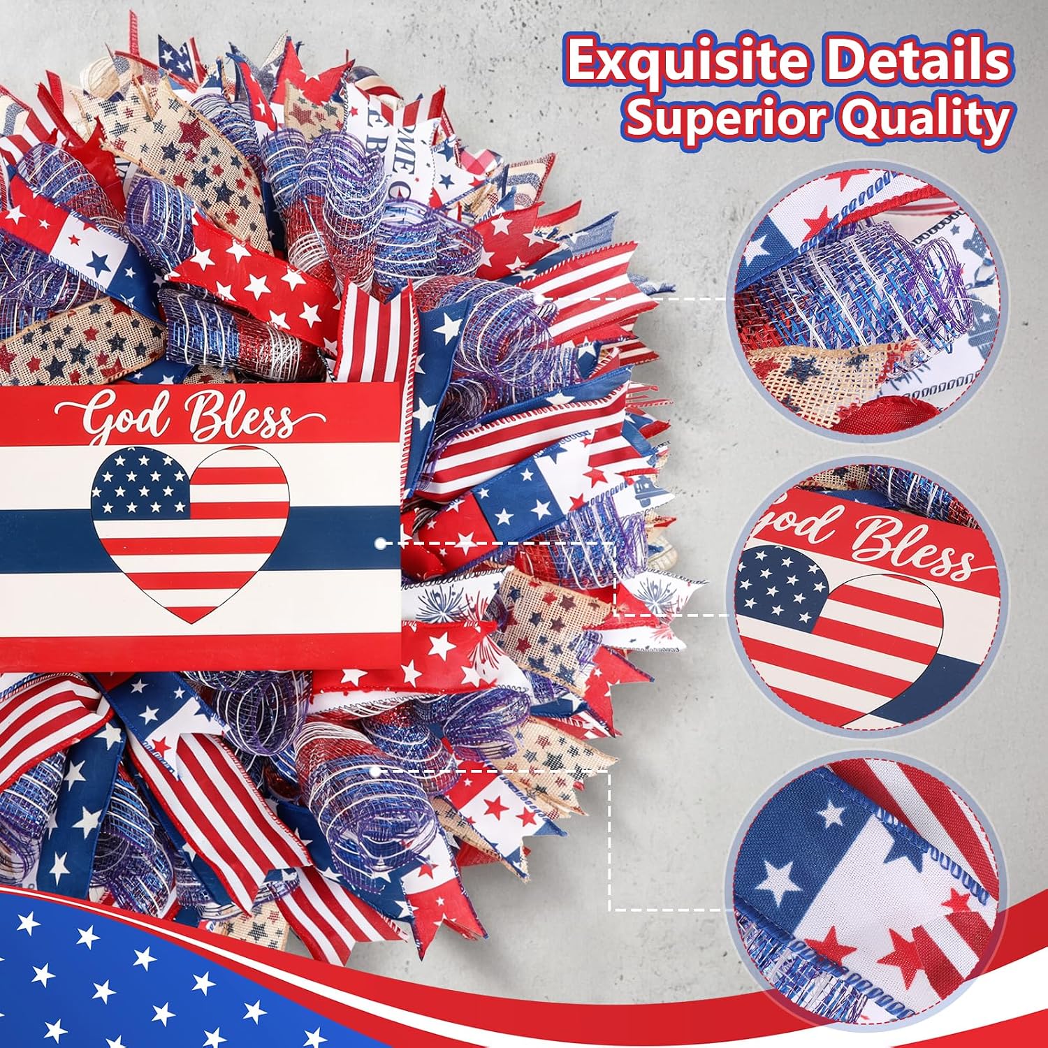 Patriotic Wreath for Front Door, 24 inch 4th of July Decorations with Red White Blue Flag Tags for 250th Anniversary American Independence Day Memorial Day Decor