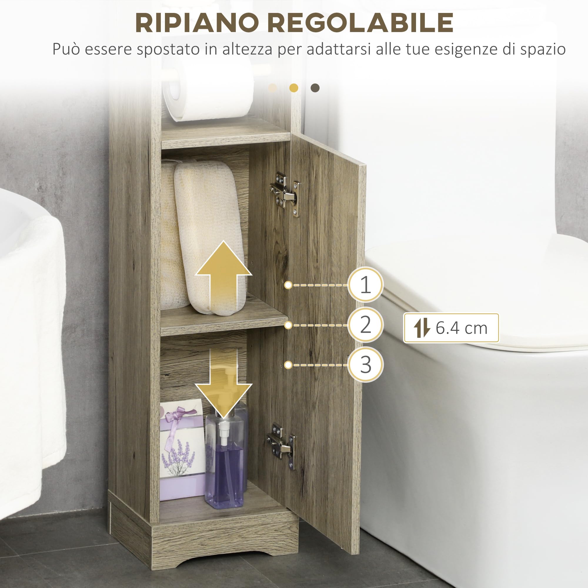 kleankin Armario de Baño Columna Auxiliar de Baño 23x18x100 cm Gris | Columna Auxiliar de Baño, Armario Multiusos, Estante Ajustable, para Dormitorio