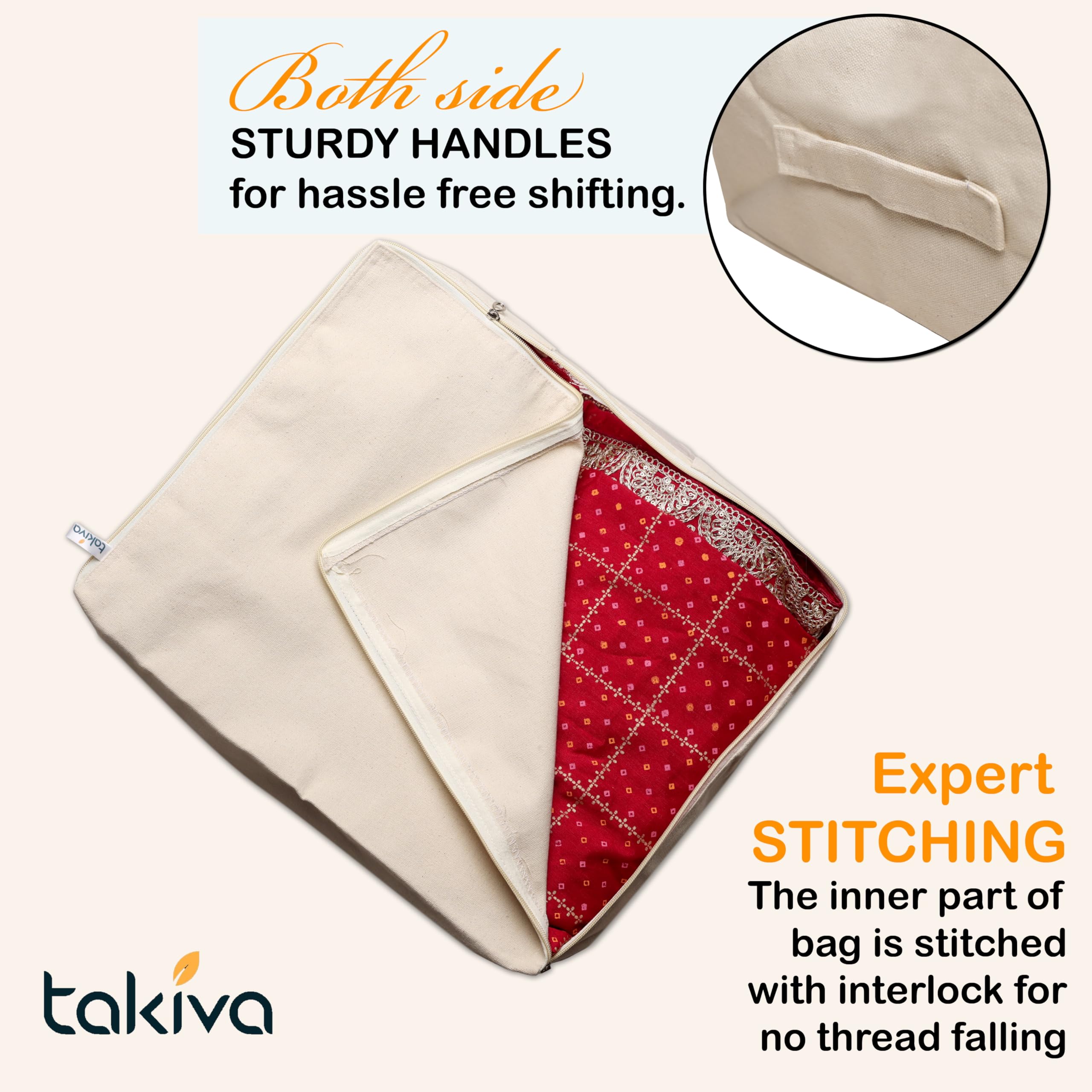 TAKIVA Cotton Canvas Saree Storage Bags Pack of 3 | Large Cotton Storage Bag for Clothes, Sarees & Blankets | Big Size Wardrobe Organizer with Zipper | Reusable Soft Canvas Storage Box 1