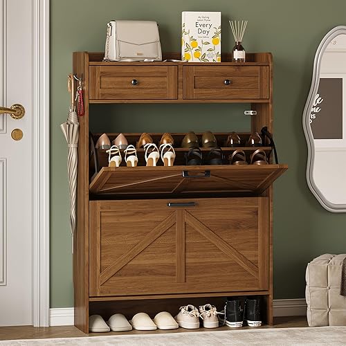 Miniatura 17 de Armario de Almacenamiento de Zapatos para Entrada, Armario Estrecho de Zapatos Estilo Granja con 2 Cajones Abatibles y Cajones Superiores, Estantes