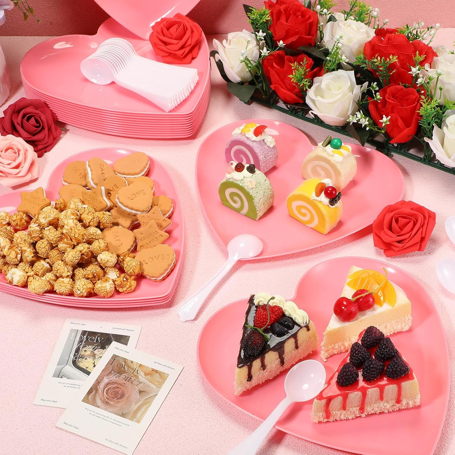 Layhit 38 Pieces Valentines Heart Shaped Plates Spoon Set Include 18 Pcs 10 Inch Valentines Day Heart Shaped Food Tray 20 Pcs Plastic Spoon Salad Dessert Plate for Party Supplies(Pink)