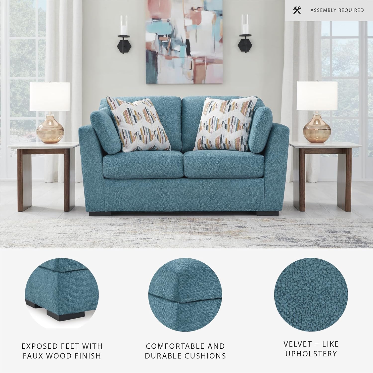 Signature Design by Ashley Keerwick Scandinavian Loveseat with 4 Toss Pillows, Blue