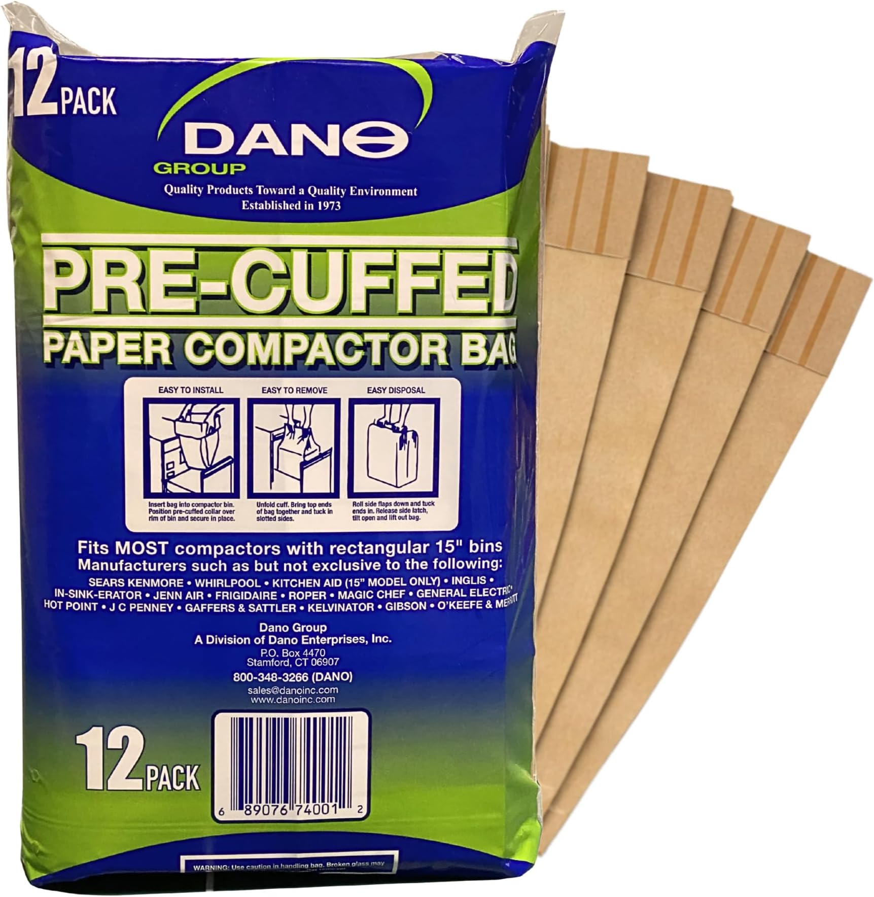 - Dano Pre-Cuffed Paper Trash Compactor Bags (12 Pack) | Heavy Duty Kitchen Garbage Compactor Bags & Liners | 11 Gallon Precuffed Garbage Bag for Compactor | Eco-Friendly Trash Compactor Bag