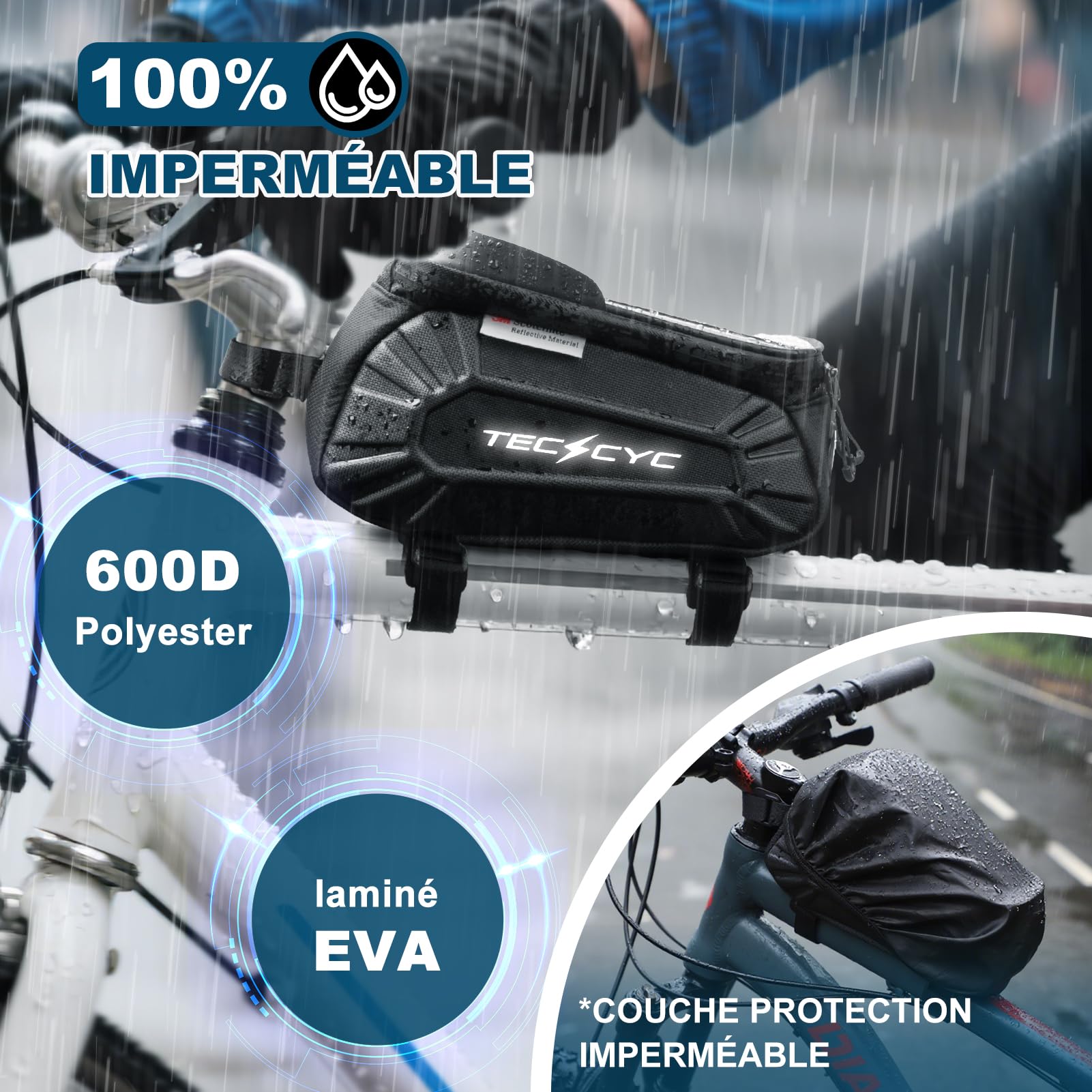 TECHCYC Sacoche de Cadre Velo Côté Avec Réflecteurs,Sacoche Vélo avec écran tactile TPU, Imperméable Résistant rayures Sacoche Guidon Vélo,pour Smartphone sous 7'', VTT, Vélo de Route, Vélo électrique
