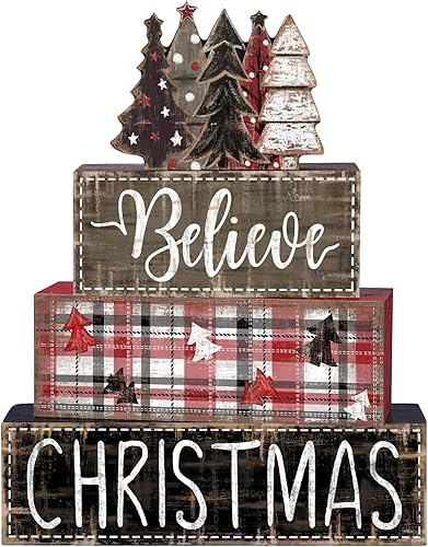 DIYDEC 4 piezas de decoración de mesa de Navidad para árbol de Navidad, letrero de bloque de madera, bandeja escalonada, decoración de centro de