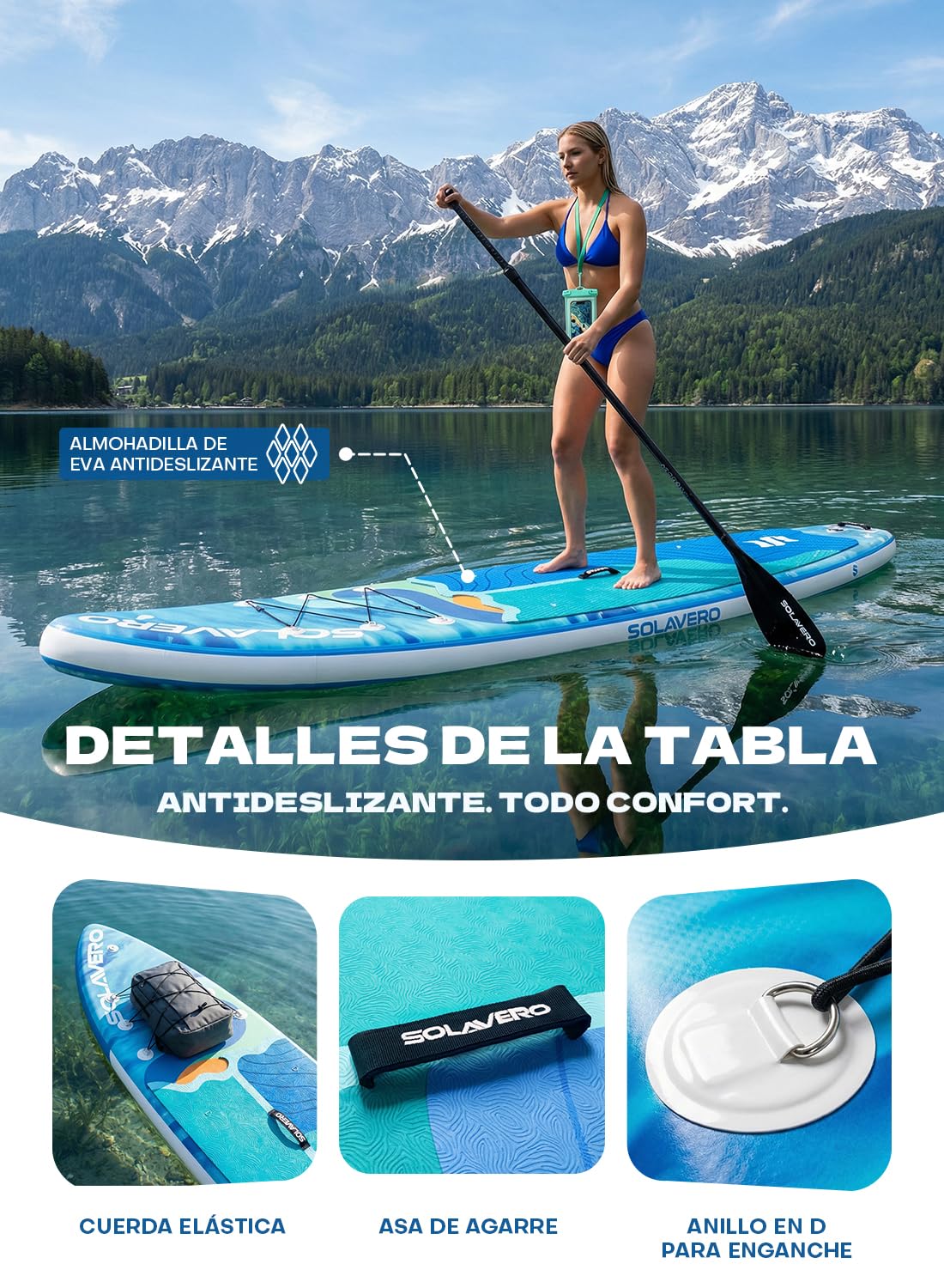 SOLAVERO Tabla Paddle Surf Hinchable, 335 x 83 x 15 cm Sup con Antideslizante EVA Deck, Paleta Ajustable, Soporte para Cámara, Quillas, para Todos los Niveles de Habilidad, hasta 200 kg