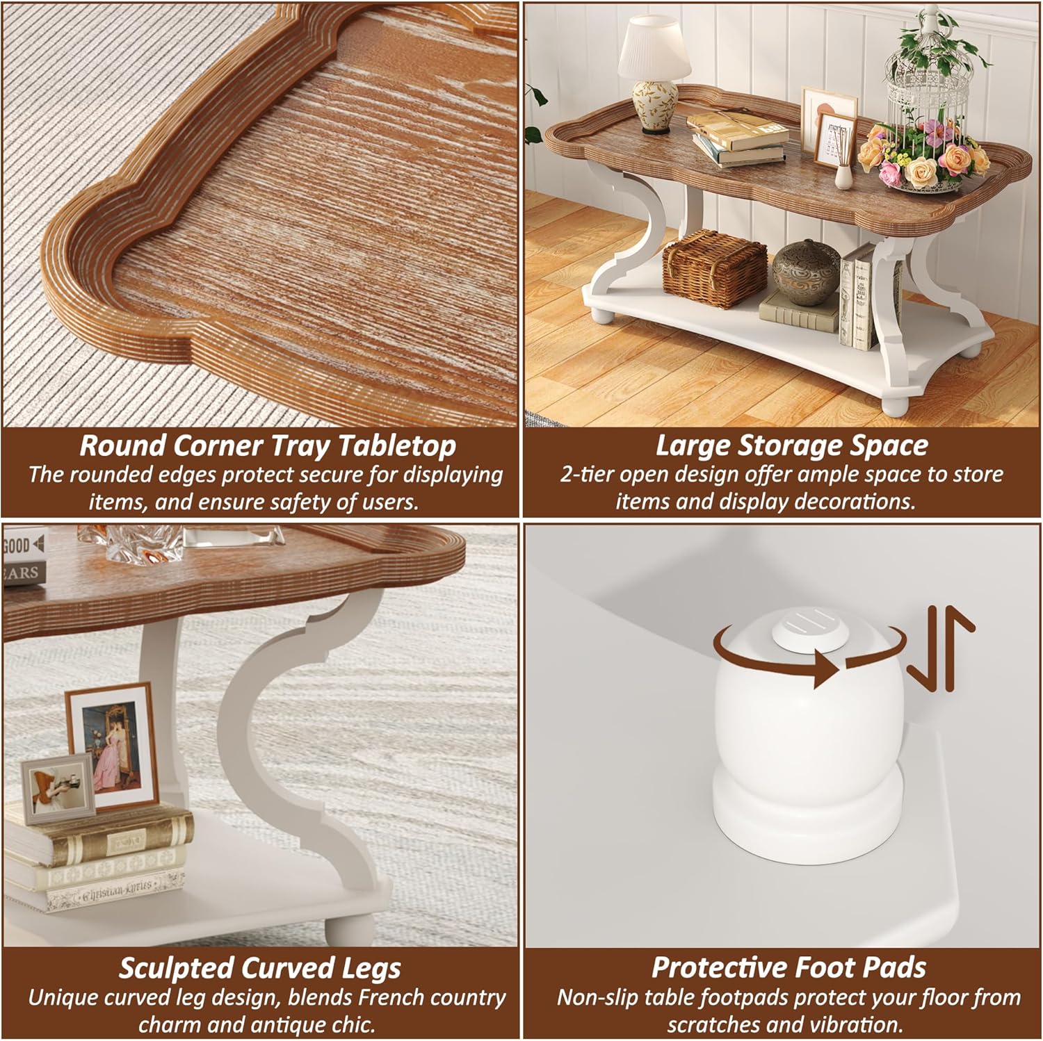 Function Home Farmhouse Coffee Table, 2-Tier Center Table with Storage Shelf, 39.8" French Country Rectangle Accent Table with Natural Tray Top and Curved Legs for Living Room Balcony, Vintage White