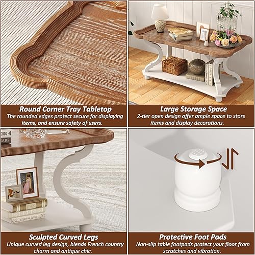 Miniatura 6 de Function Home - Mesa de centro de granja, mesa de cóctel rústica blanca con estante de almacenamiento, mesa de sofá con parte superior natural