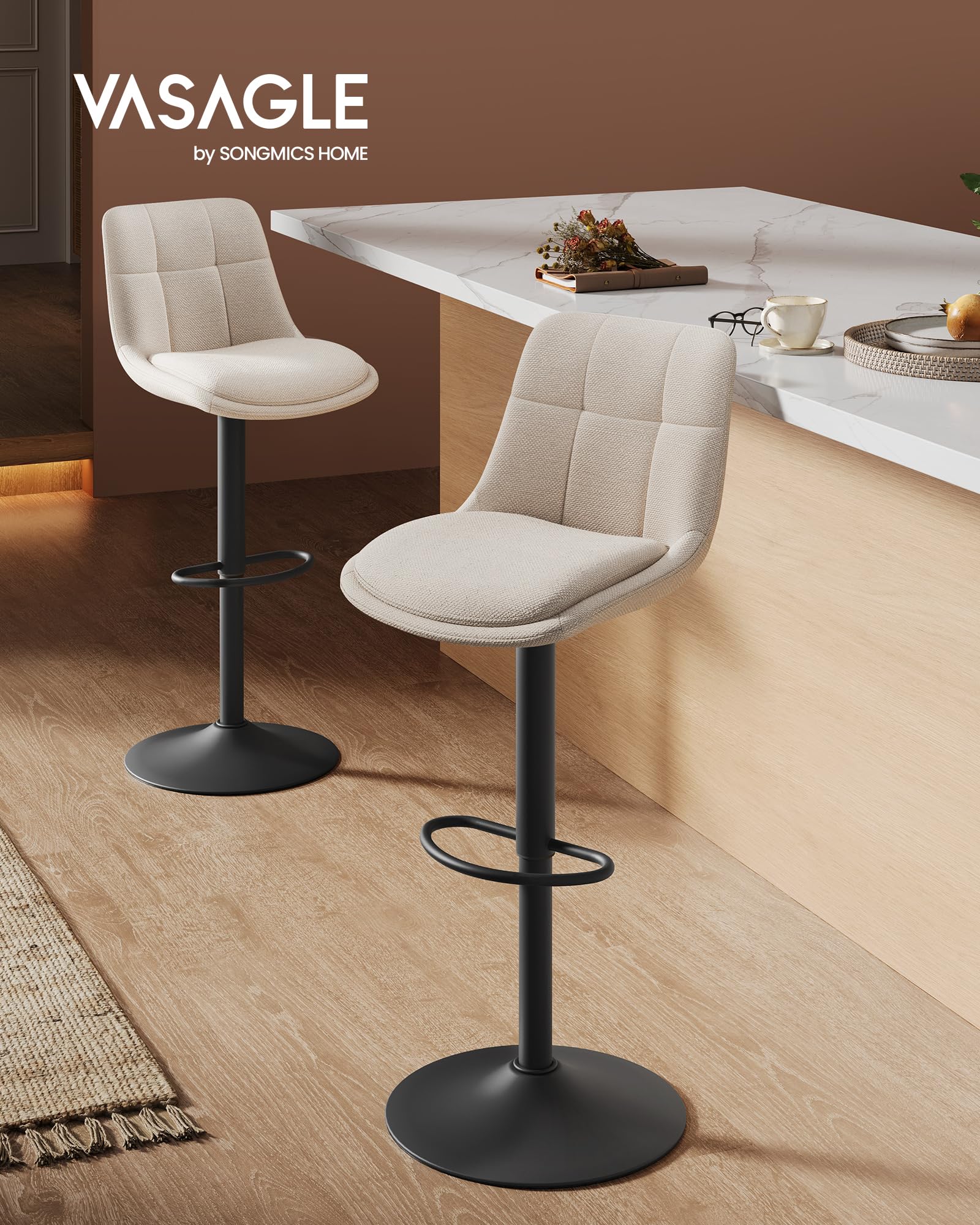 VASAGLE Barhocker 2er Set, Barstühle höhenverstellbar, drehbare Küchenhocker, mit Rückenlehne und Fußstütze, Esszimmer, Theke, Stahl, cremeweiß LJB195W02