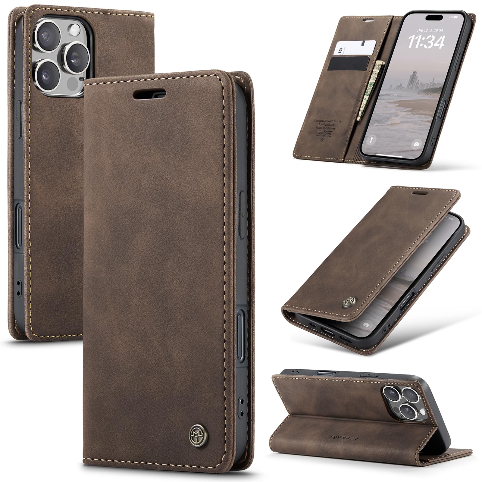 Azororo Cover per iPhone 16 Pro 5G, Premium PU Pelle Custodia, Magnetica Carta Fessura Portafoglio Case, Flip Cavalletto Custodia per iPhone 16 Pro - Caffè