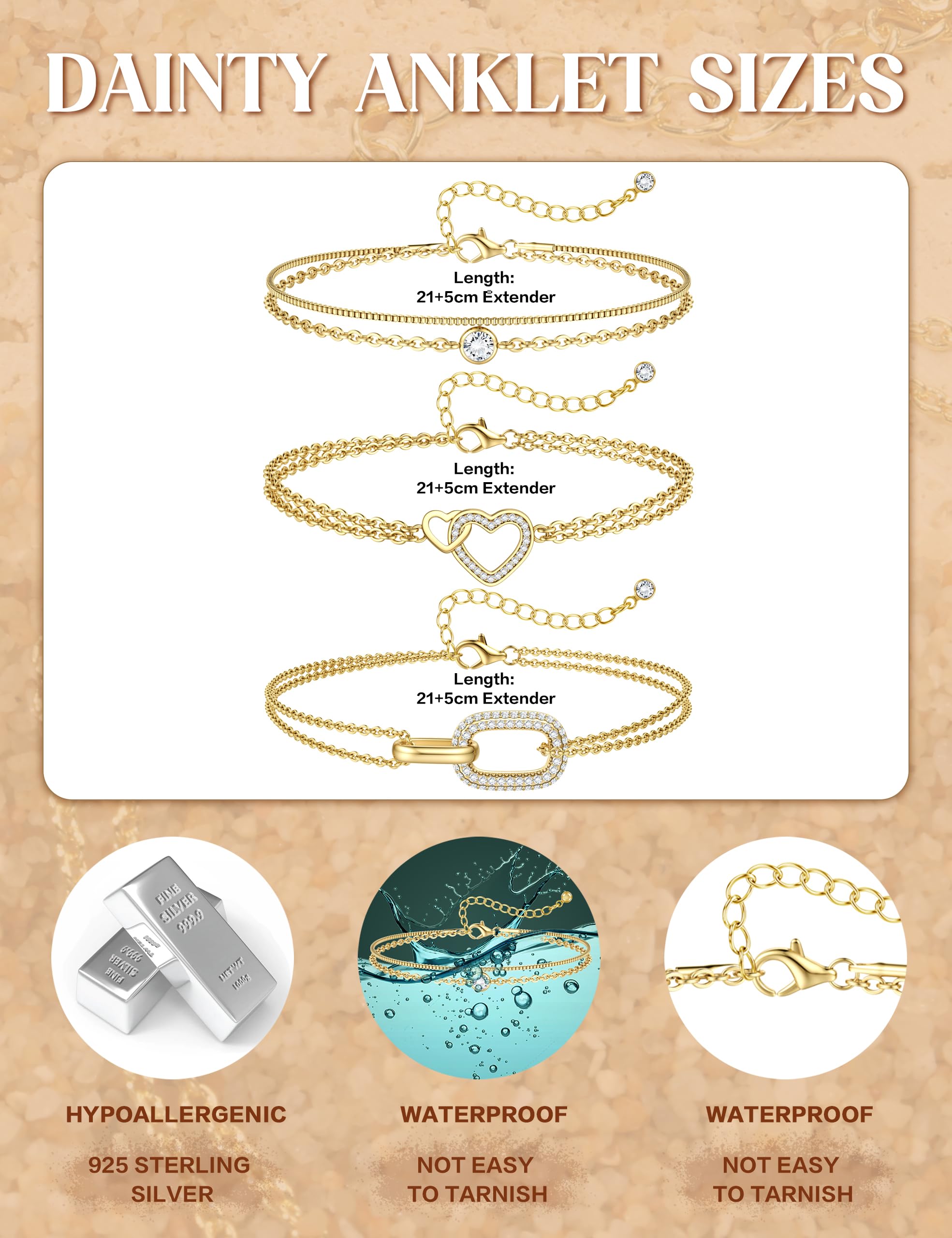 MILACOLATO Cavigliera Donna Argento 925 Delicato CZ Graffetta Cuore Strato Impermeabile Cavigliere Oro Regolabili Extra Large Cavigliera Gioielli per Piedi da Spiaggia