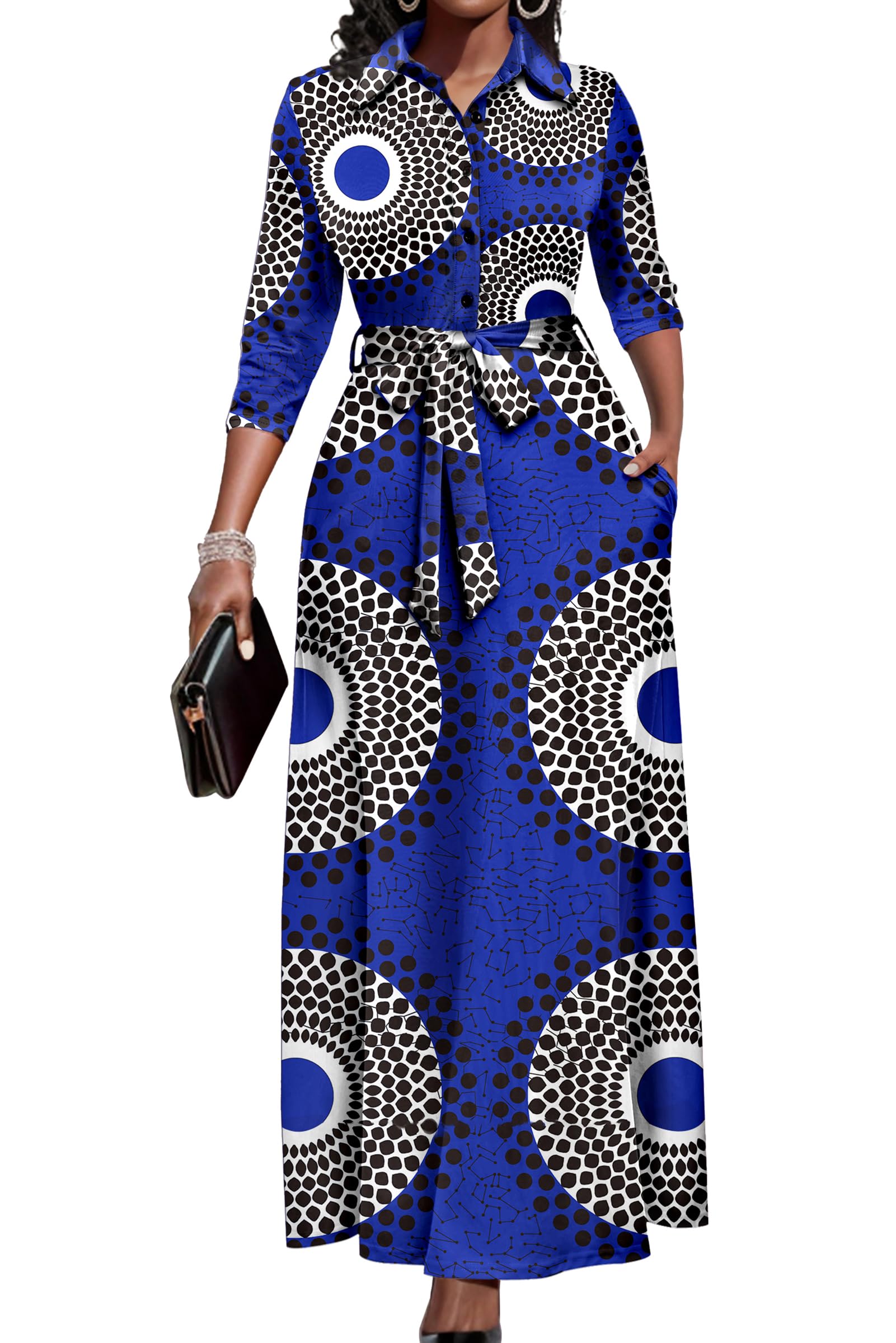 Women Church Maxi Dresses 3/4 Sleeve Button Down Print Casual Office Dress African