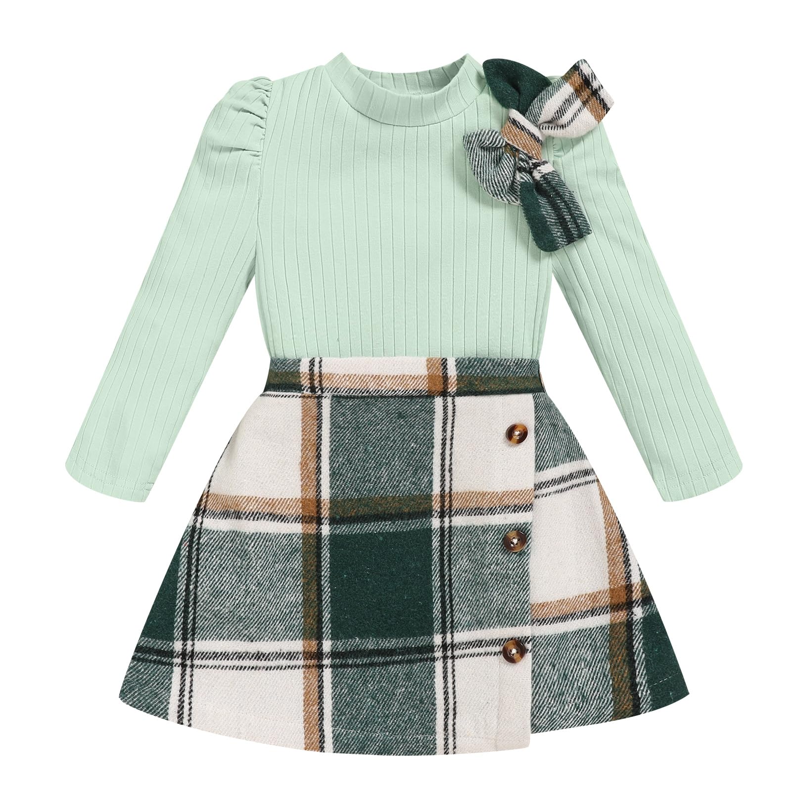 Toddler Girl Plaid Outfits Fall Winter Dress Knit Ribbed Bow Sweatshirt Tops and Button Fashion Skirts Set