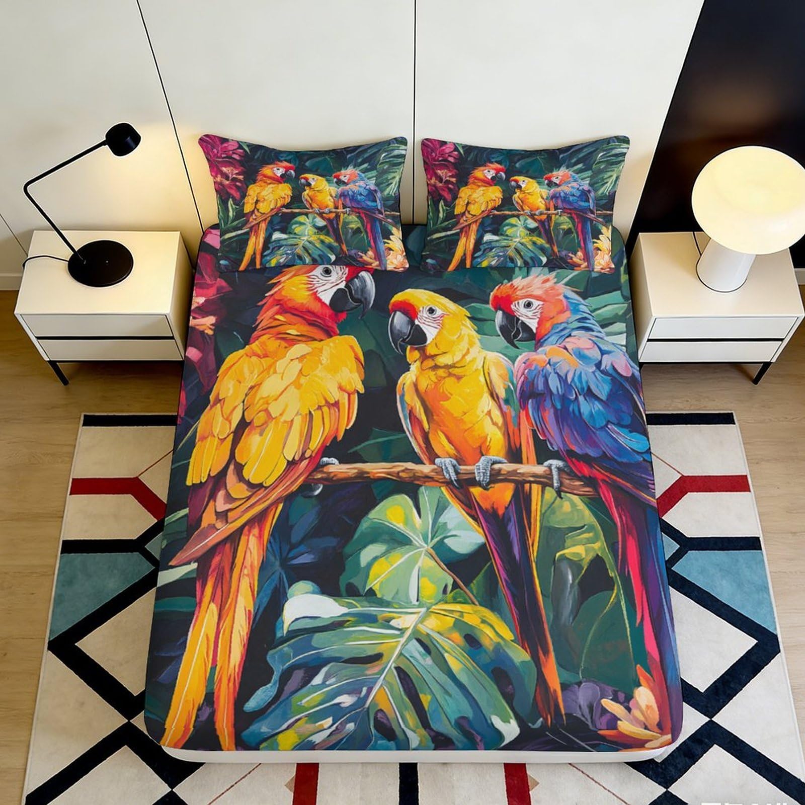 Pnayamiorkfel Style-10 3D Printed Tropical Parrot Fitted Sheet Microfiber Soft Vibrant Jungle Bed Cover For Bedroom Guest Room Decor 90X200x25cm