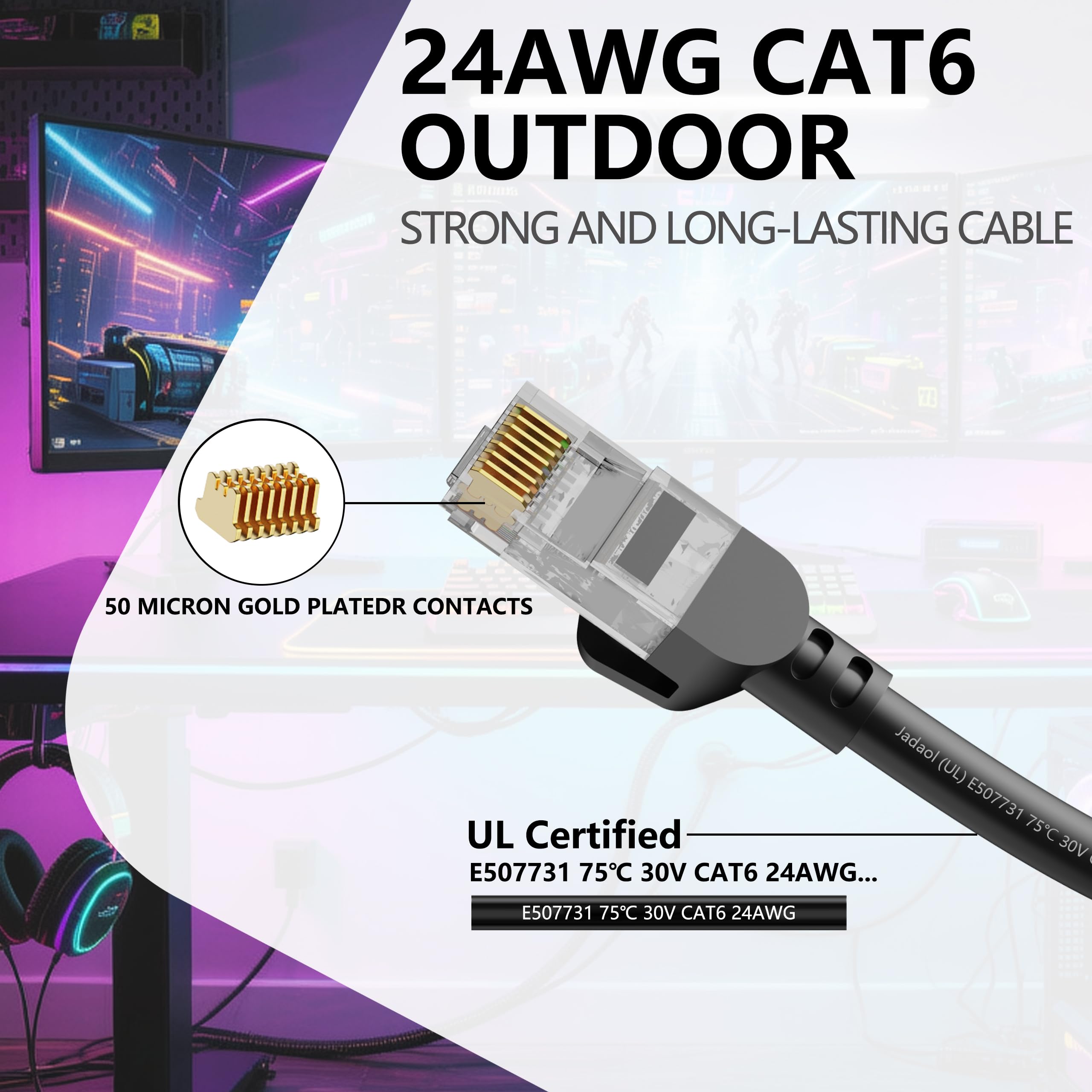 Jadaol [UL Listed Cat6 Cavo Ethernet 200FT 10Gbps 24AWG Rame Puro Nero