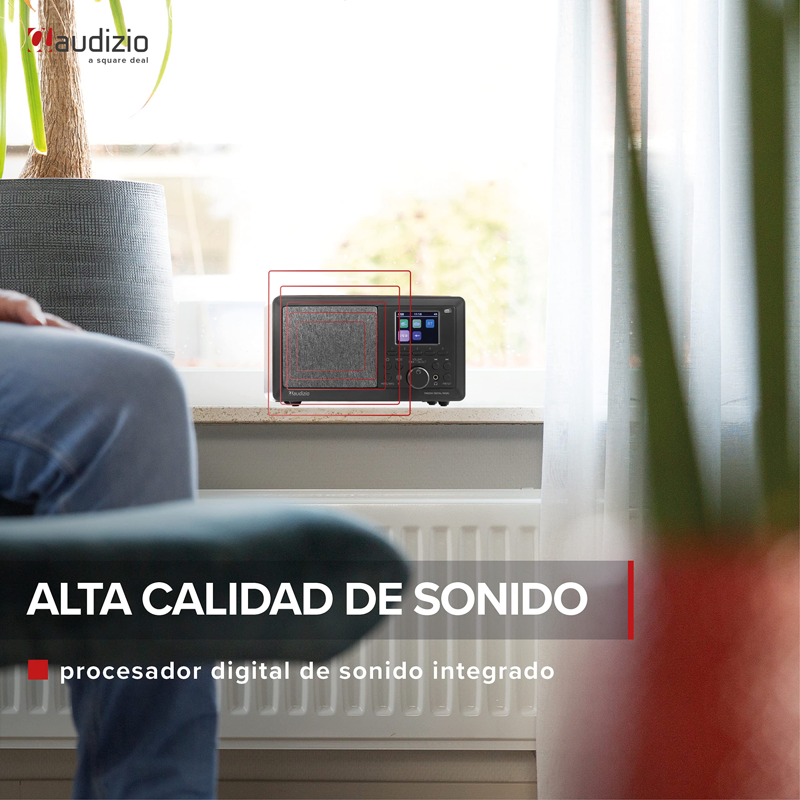 Audizio Padova, Radio compacta Retro Dab+ con Receptor FM, 40 W, Bluetooth para Streaming y Reproductor USB/MP3, DSP, Reloj Despertador, Temporizador de Apagado, Mando a Distancia - Marrón Madera