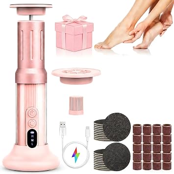 2 in 1 Rechargeable Electric Foot Callus Remover for Women, 2000RPM with 6 Adjustable Settings, 40Pcs Sandpaper Discs, Pink Foot File for Foot Care, Suitable as a Gift for Friends and Family