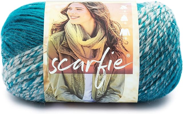 Lion Brand Yarn Scarfie Yarn, Acrylic, Cream/Teal