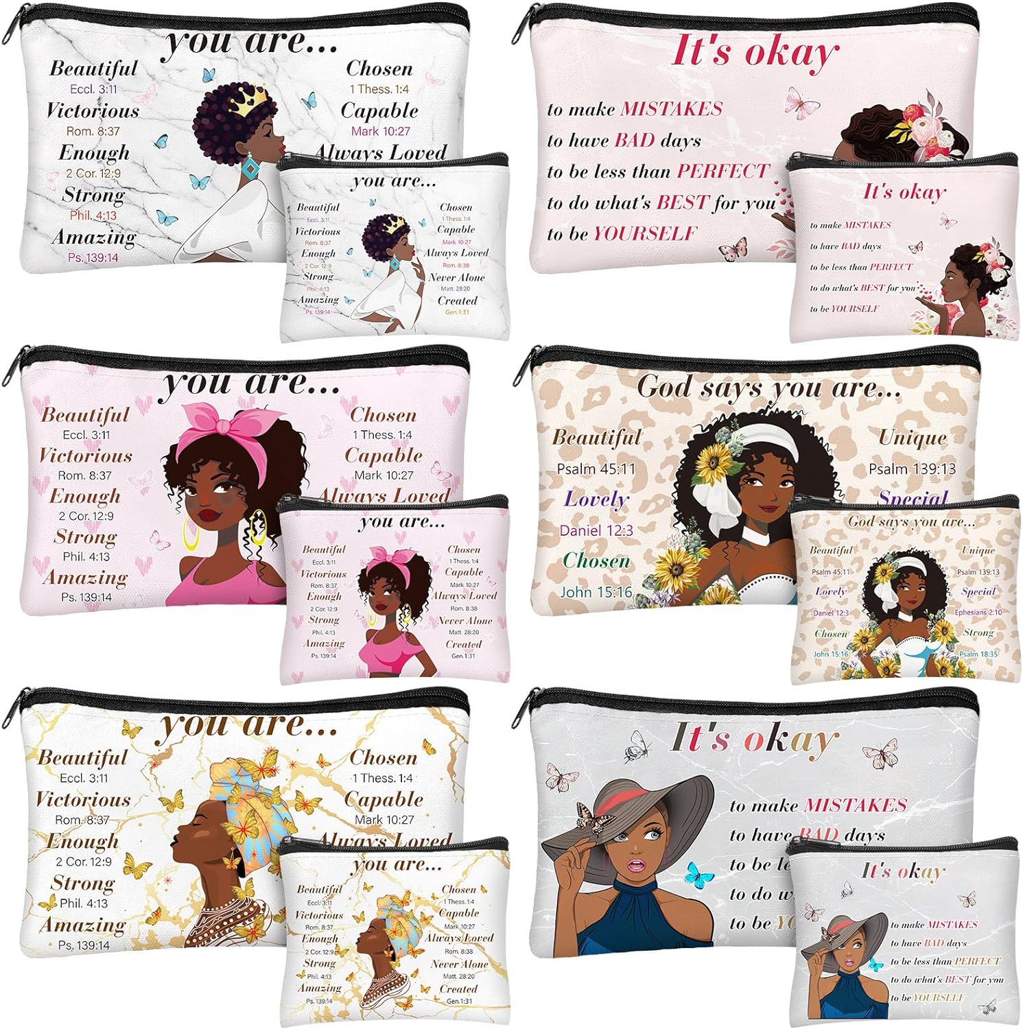 Silkfly 12 Pcs African American Makeup Bag Christian African American Cosmetic Bag for Black Women Bulk easter Inspirational Gift Afro Queen Zipper Travel Pouch Purses Toiletry Organizer(Novel)