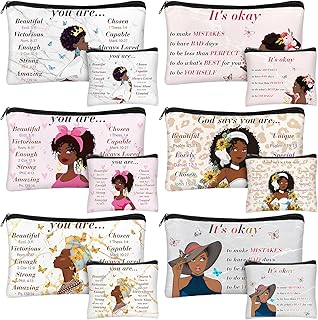 Silkfly 12 Pcs African American Cosmetic Bag for Women Bulk Christian Inspirational Gift Makeup Bag for Black Women Afro Queen Zipper Travel Pouch Purses Toiletry Organizer for Mother Day(Novel)