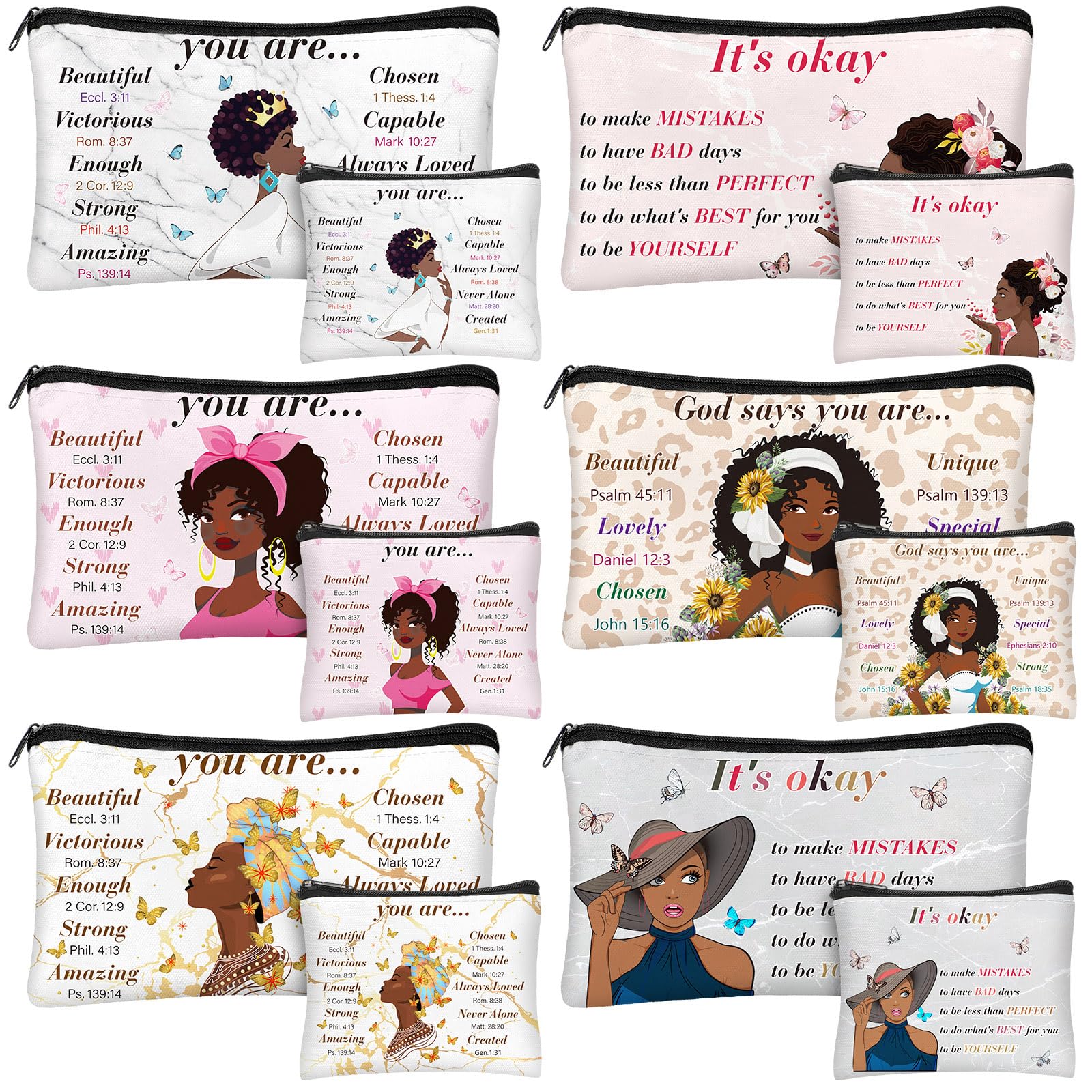 Silkfly 12 Pcs African American Cosmetic Bag for Women Bulk Christian Inspirational Gift Makeup Bag for Black Women Afro Queen Zipper Travel Pouch Purses Toiletry Organizer for Mother Day(Novel)