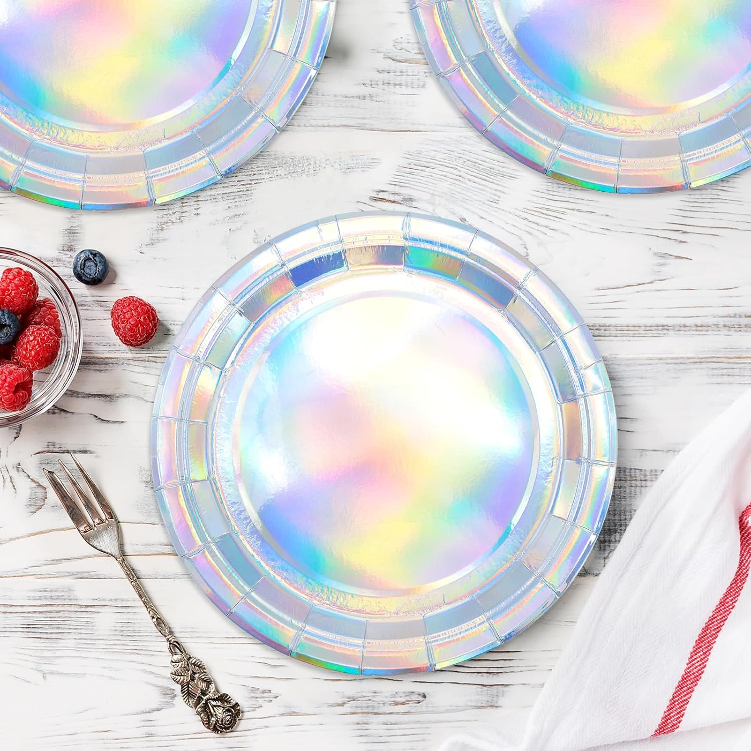 50PCS Iridescent Party Paper Plates, 7 Inch Holographic Dessert Plates Sparkling Rainbow Disposable Party Supplies Decoration for Mermaid Birthday Wedding Parties - Image 5