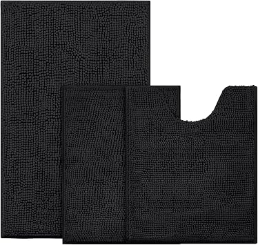 BYSURE Black Bathroom Rugs Sets 3 Piece Non Slip Extra Absorbent Plush Chenille Soft Washable Bath Mats