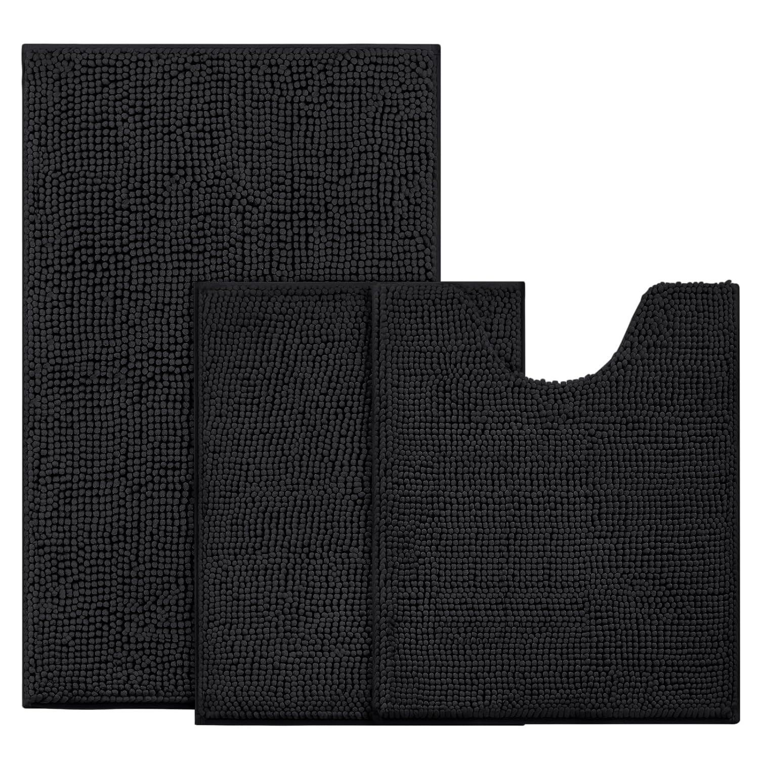 BYSURE Black Bathroom Rugs Sets 3 Piece Non Slip Extra Absorbent Plush Chenille Soft Washable Bath Mats