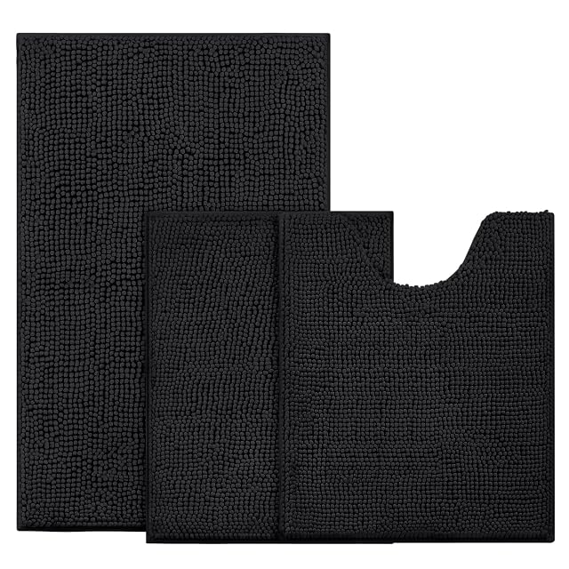 BYSURE Black Bathroom Rugs Sets 3 Piece Non Slip Extra Absorbent Plush Chenille Soft Washable Bath Mats