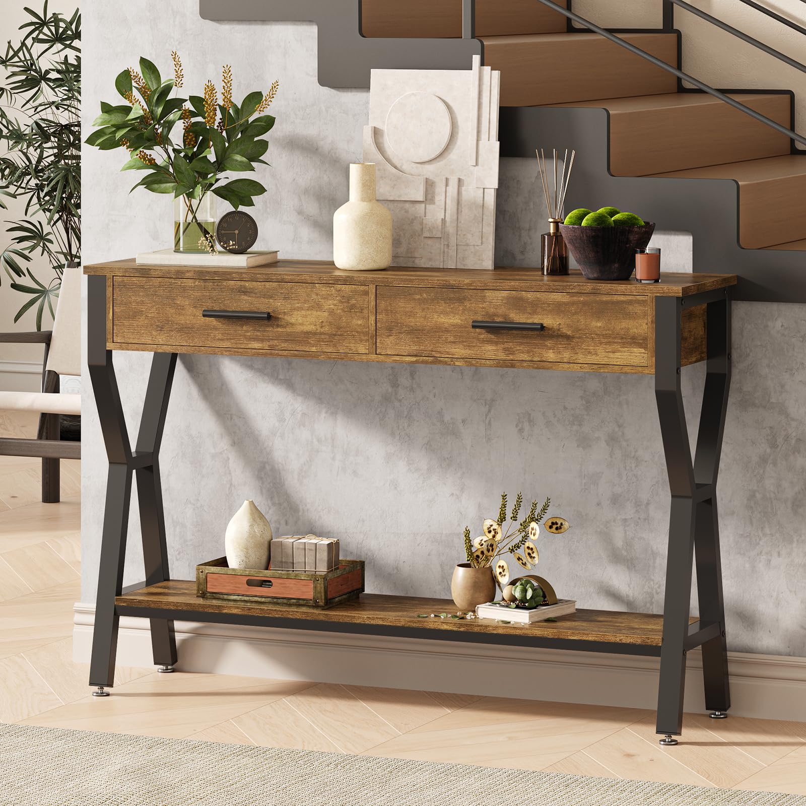 Tarnorci 47" Console Sofa Table with 2 Drawers,Narrow Entryway Table with 2 Tier Storage Shelves,Industrial Accent Table for Entry Way,Hallway,Couch,