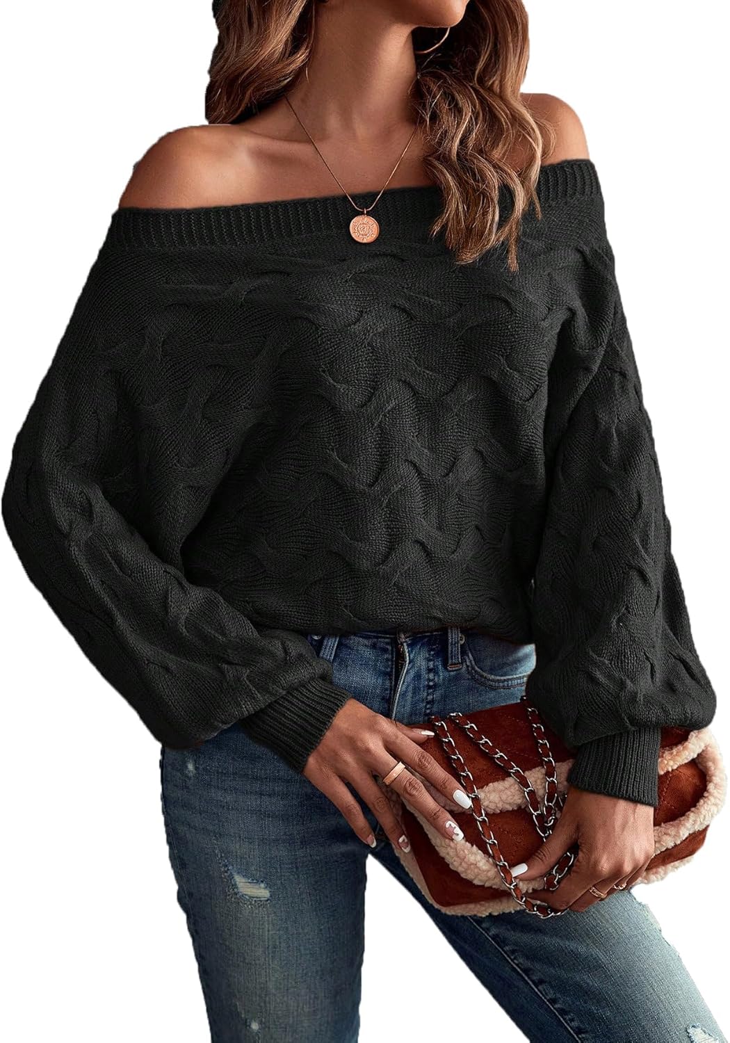 Verdusa Women's Off The Shoulder Knit Sweater Tops Long Sleeve Pullover Sweaters Spring Brunch Outfits