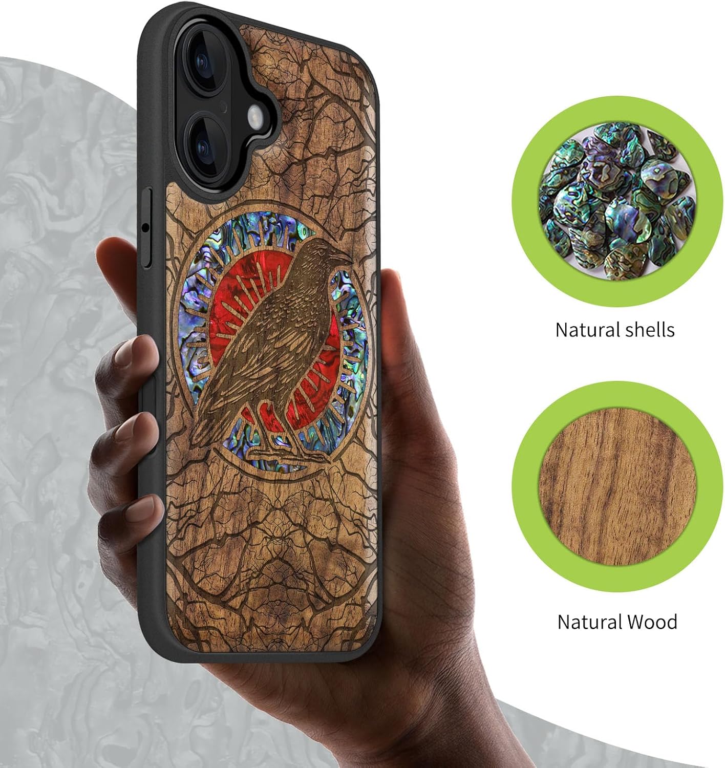 Carveit Magnetic Wooden Case for iPhone 16 Case, Wood Artisan Engraved & Handmade Shell Inlaid, TPU Shockproof Cover, Compatible with MagSafe Wireless Chargers (The Haloed Crow) Walnut