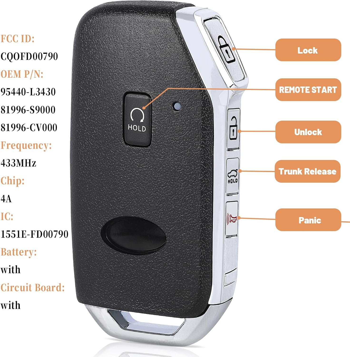 KEYECU Keyless Entry Smart Key Fob Replacement for Kia K5 2022 2023 2024 FCC ID: CQOFD00790, P/N: 95440-L3430 Remote Start Car keyfob 433MHz 4A Chip