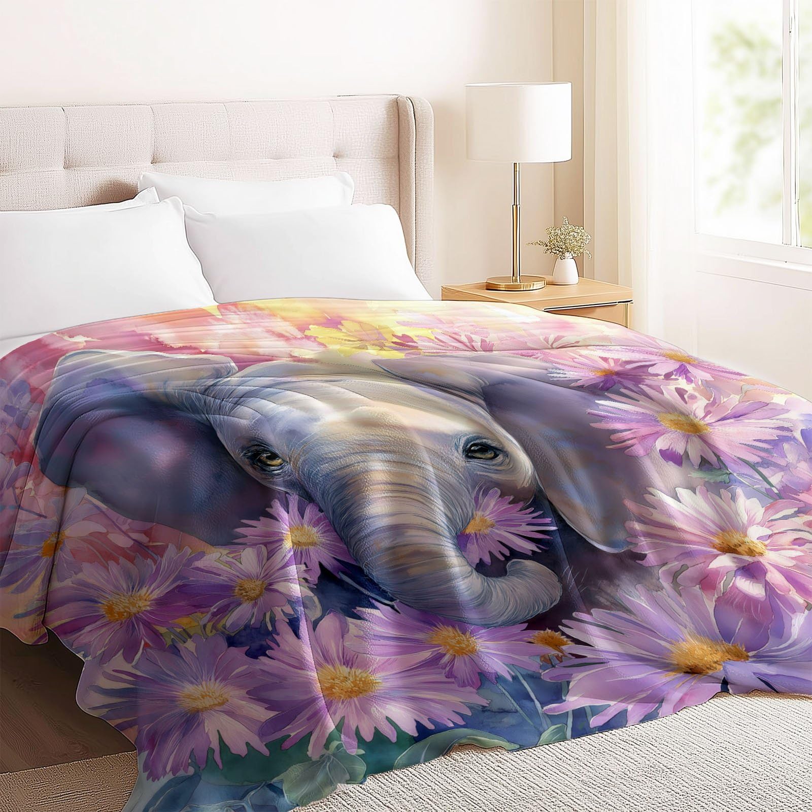 Bohemisch Rustikal Kuscheldecke Elefanten Gänseblümchen Blumen Decke Tagesdecke Wohndecke Lila, Couchdecke Weich Warm Flauschig, Sofa Decke für Reisen Zelten Outdoor, 150 x 200 cm