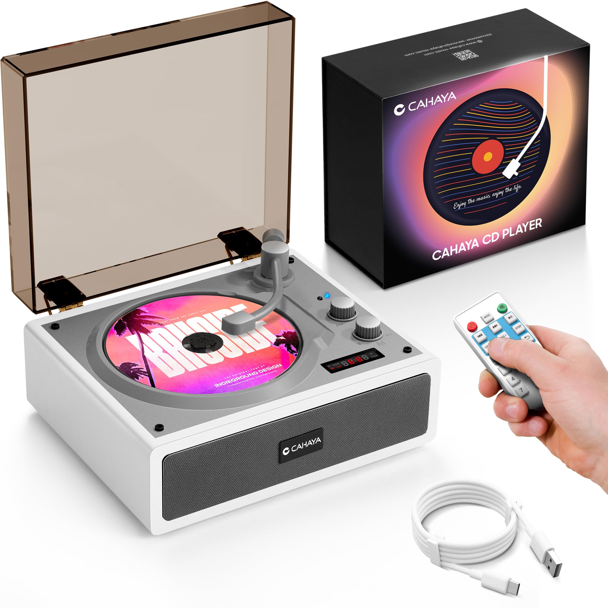 Lecteur CD portable CAHAYA pour usage domestique avec deux haut-parleurs Hi-Fi intégrés, télécommande et connexion pour téléphone et PC, parfait comme cadeau