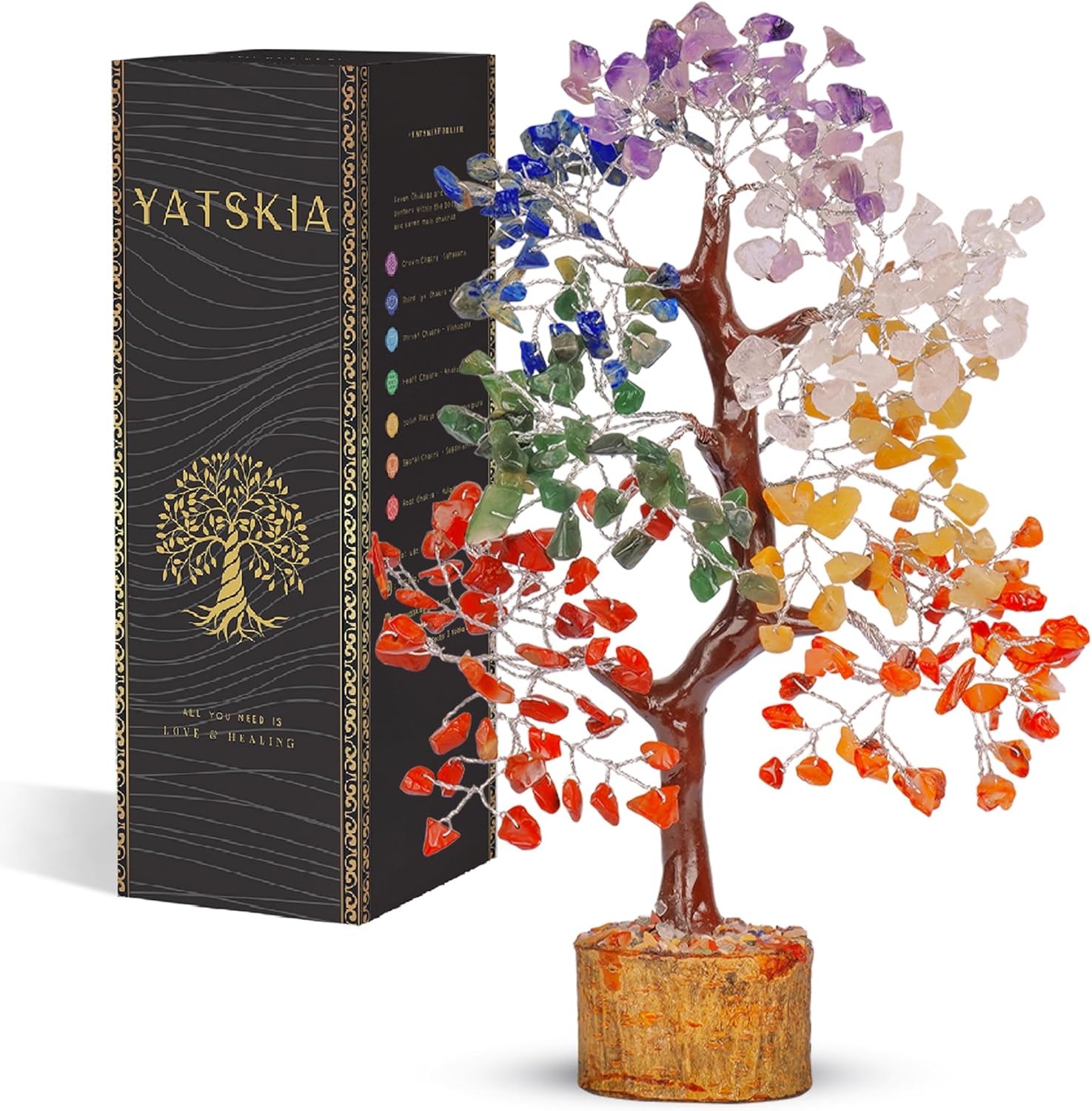 YATSKIA Seven Chakra Gemstone Money Tree Reiki Chakras Healing – Crystals Feng Shui Bonsai Sculpture Spiritual Gift – Handmade Natural Stone Trees Life Decor – Office Feng Shui Decorations, 10-12 Inch