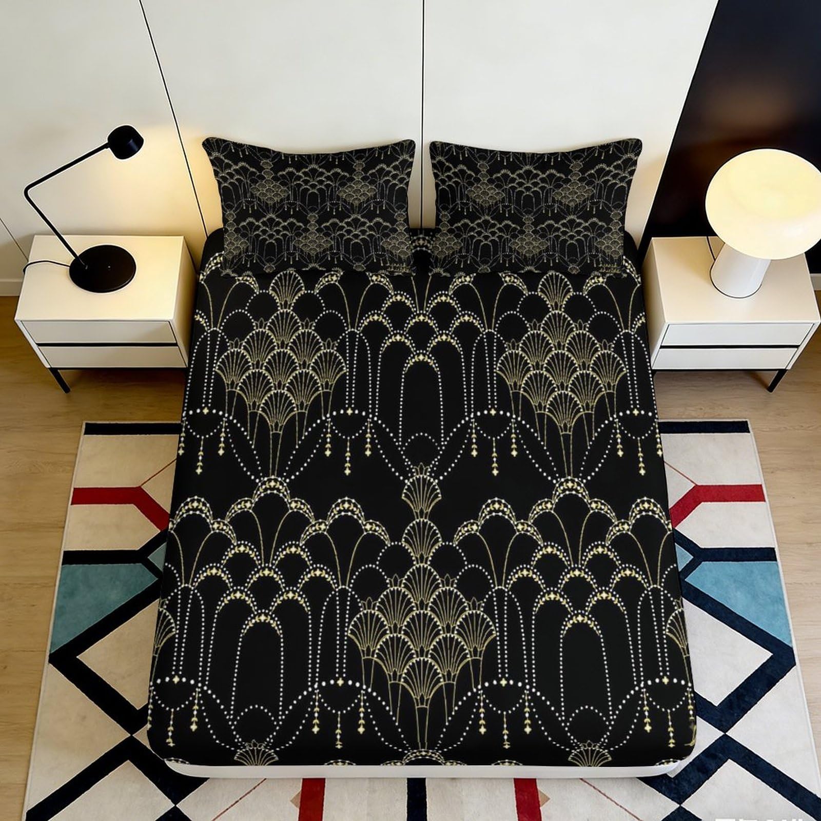 3D Printed Nordic Geometric Fitted Sheet Microfiber Deep Pocket Bedroom Bedding Geometric Mattress Fitted Cover Elastic Hem Washable 140x200x25cm
