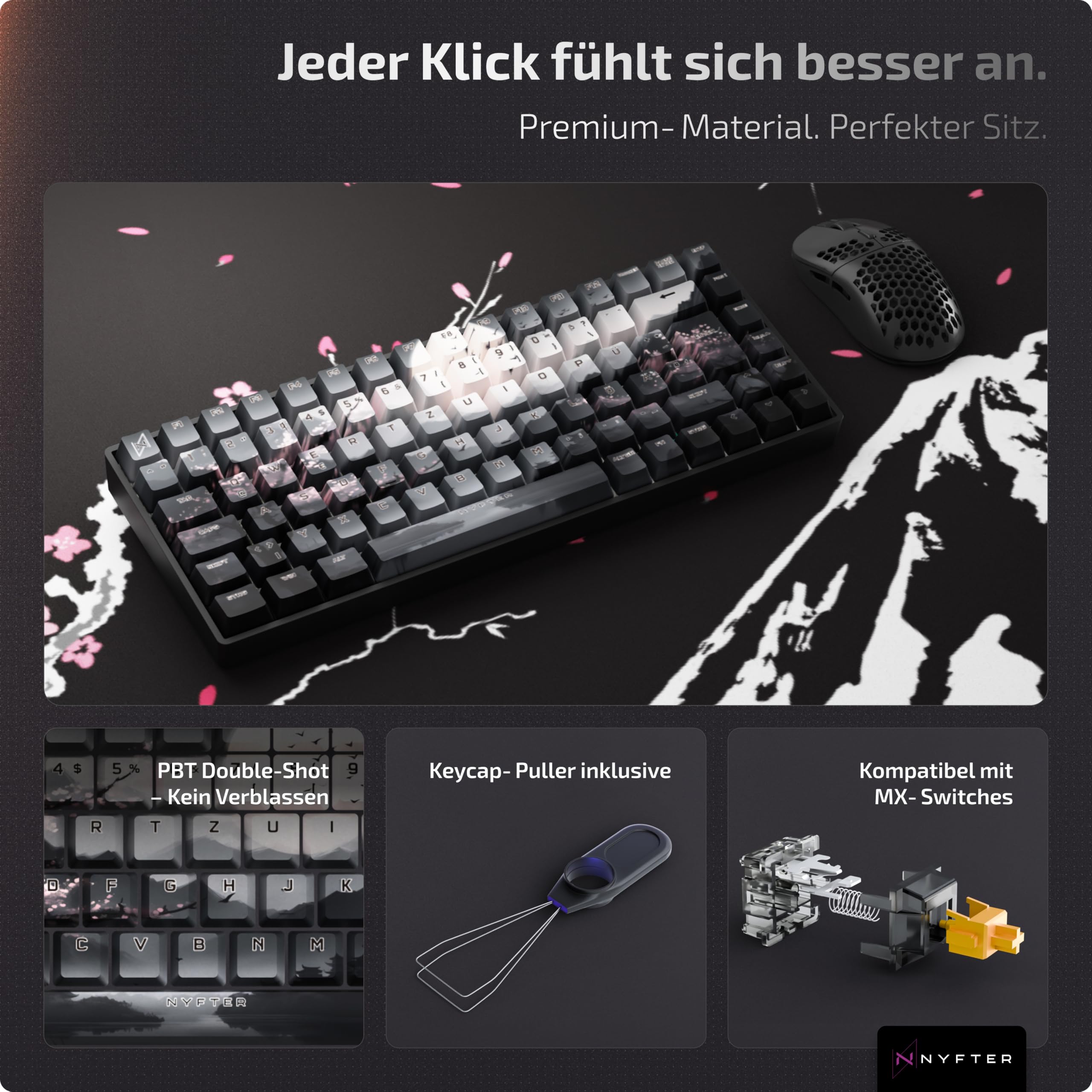 Nyfter - Premium Sakura V3 Keycaps ISO 60% und 75% Custom Keycaps ISO Layout für Mechanische Tastaturen (75%)