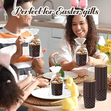 Skylety 25 Sets 12oz Corrugated Panettone Paper Mold Sets Disposable Easter Paper Bread Molds Baking Cake Pan with Clear Plastic Bags and Ties for Bread Cake Bakery(Brown)