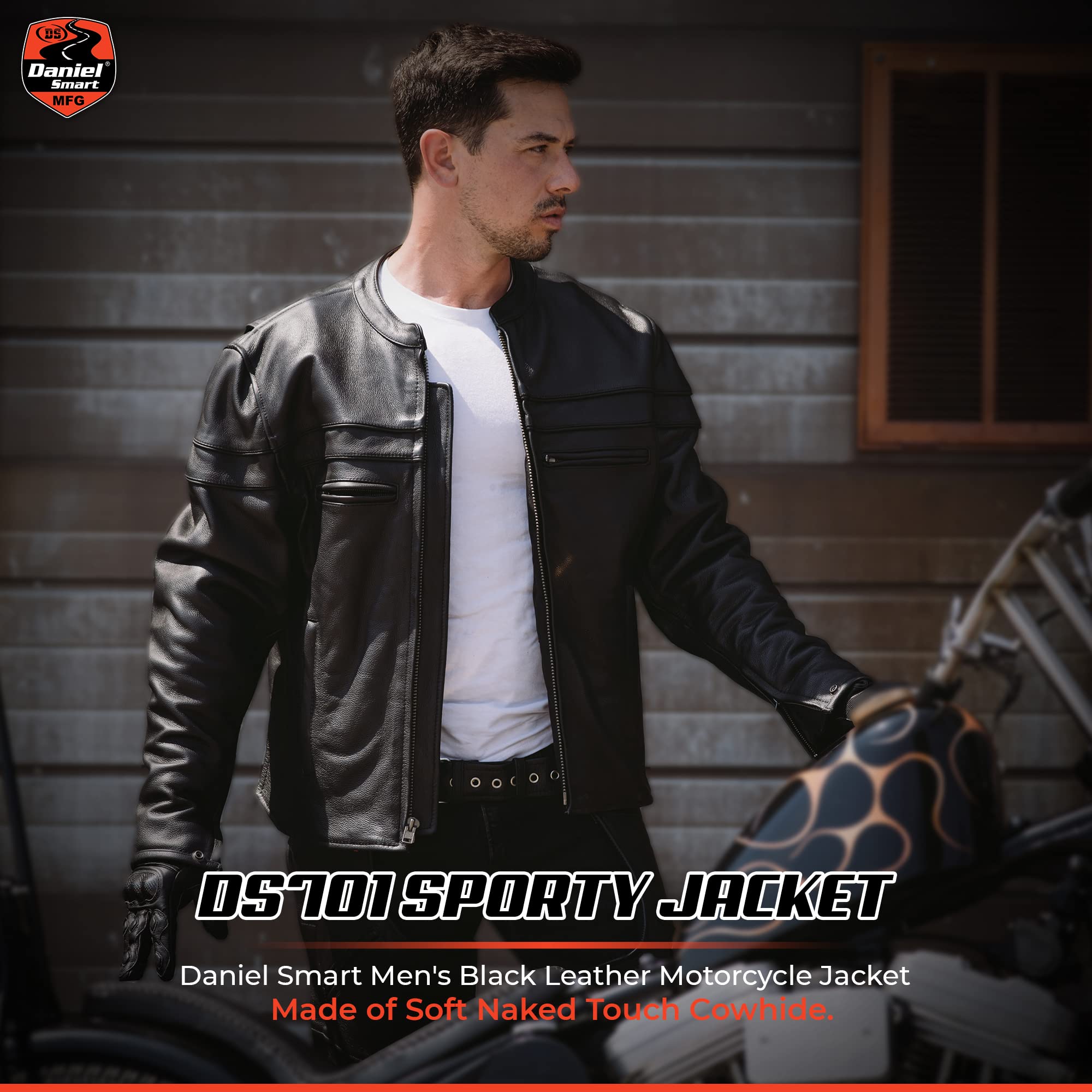Daniel Smart Leather Motorcycle Jacket Men Sporty Black Leather Biker Jacket with Stripe Detailing and Multiple Carry Pockets