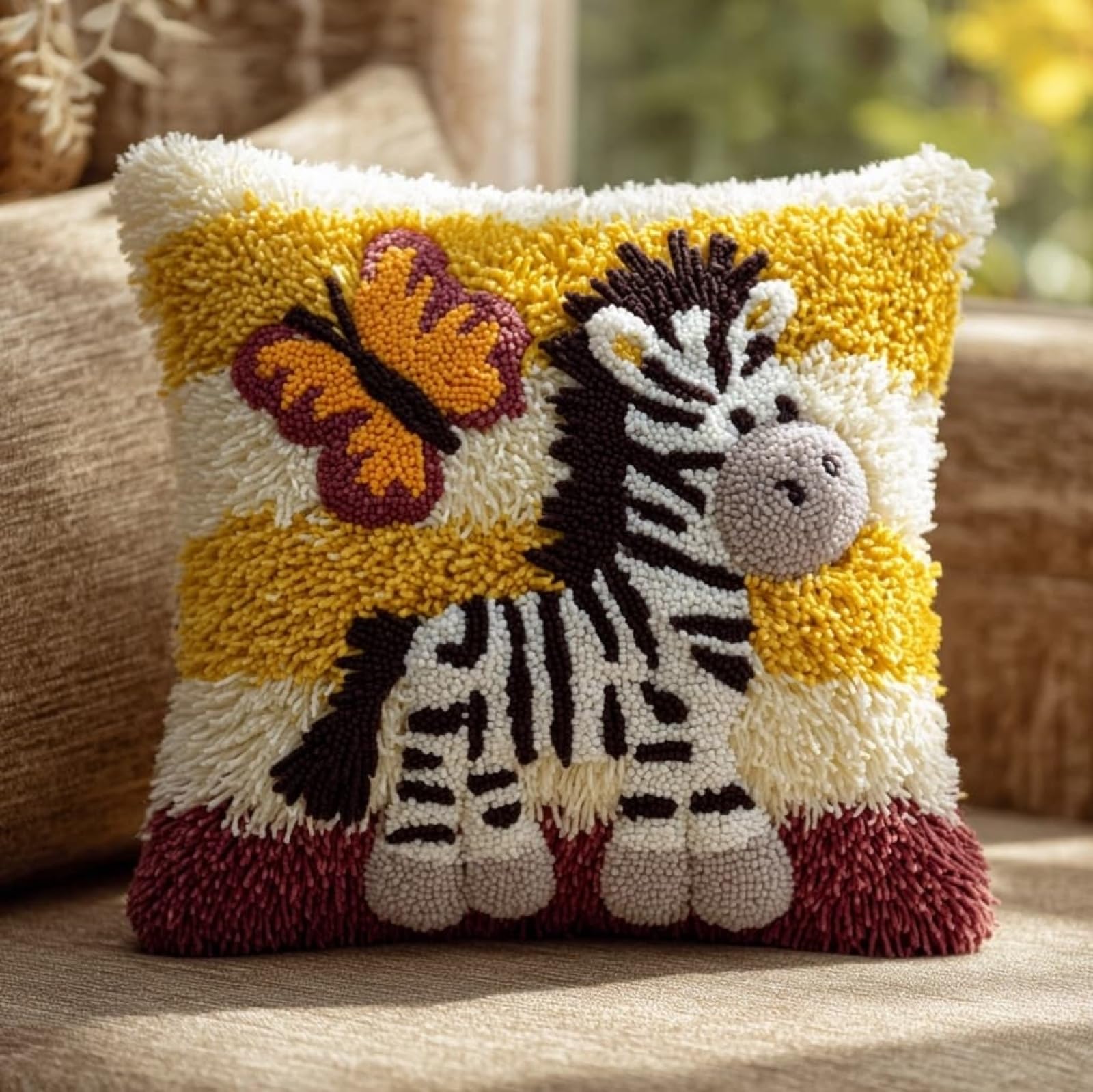AxiangziK 43x43cm Latch Hook Pillow Kit,Zebras and Butterflies Pre-Printed Pattern Cushion Cover,Craft Set with Yarns and Hook for All Ages