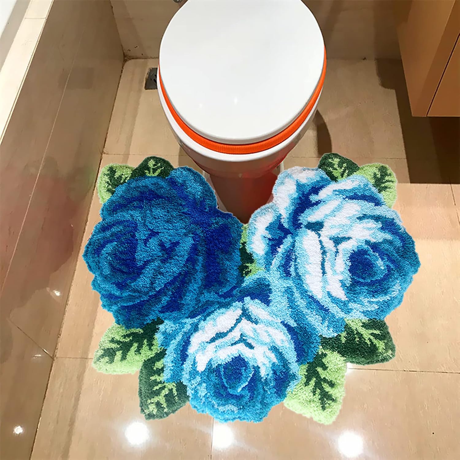 UKELER Blue Bathroom Rugs Non Slip Absorbent Rose Flower Bath Rug Non-Slip, Machine Wash Dry, Bath Mats for Bathroom 27.5''x23.6''