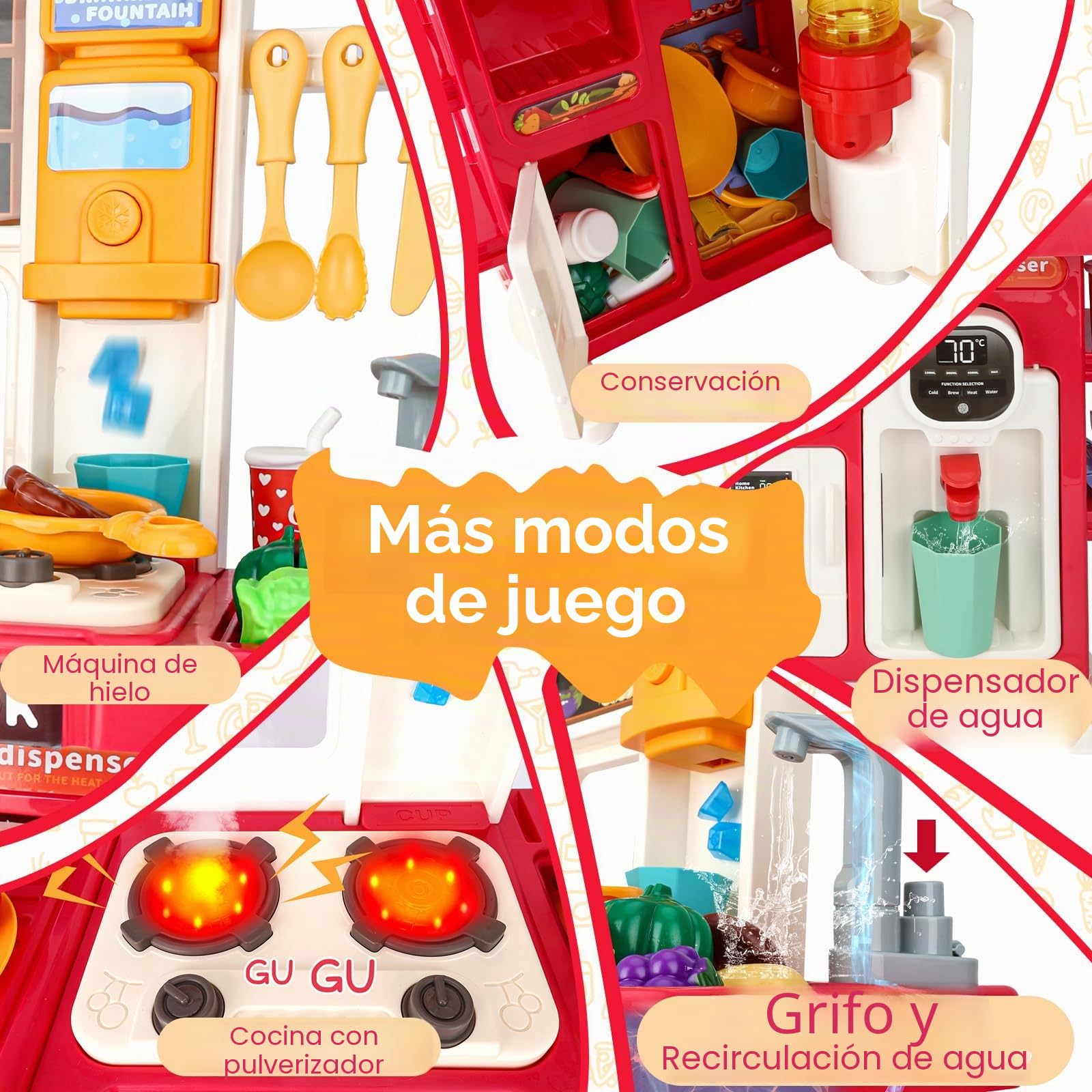 Cocina Juguete Niños Set de Cocina en Miniatura con Fregadero de Spray y Iluminación Realista, Juego de Cocina Simulada para Niñas y Niños de 3 4 5 Años, Regalo (Rojo)