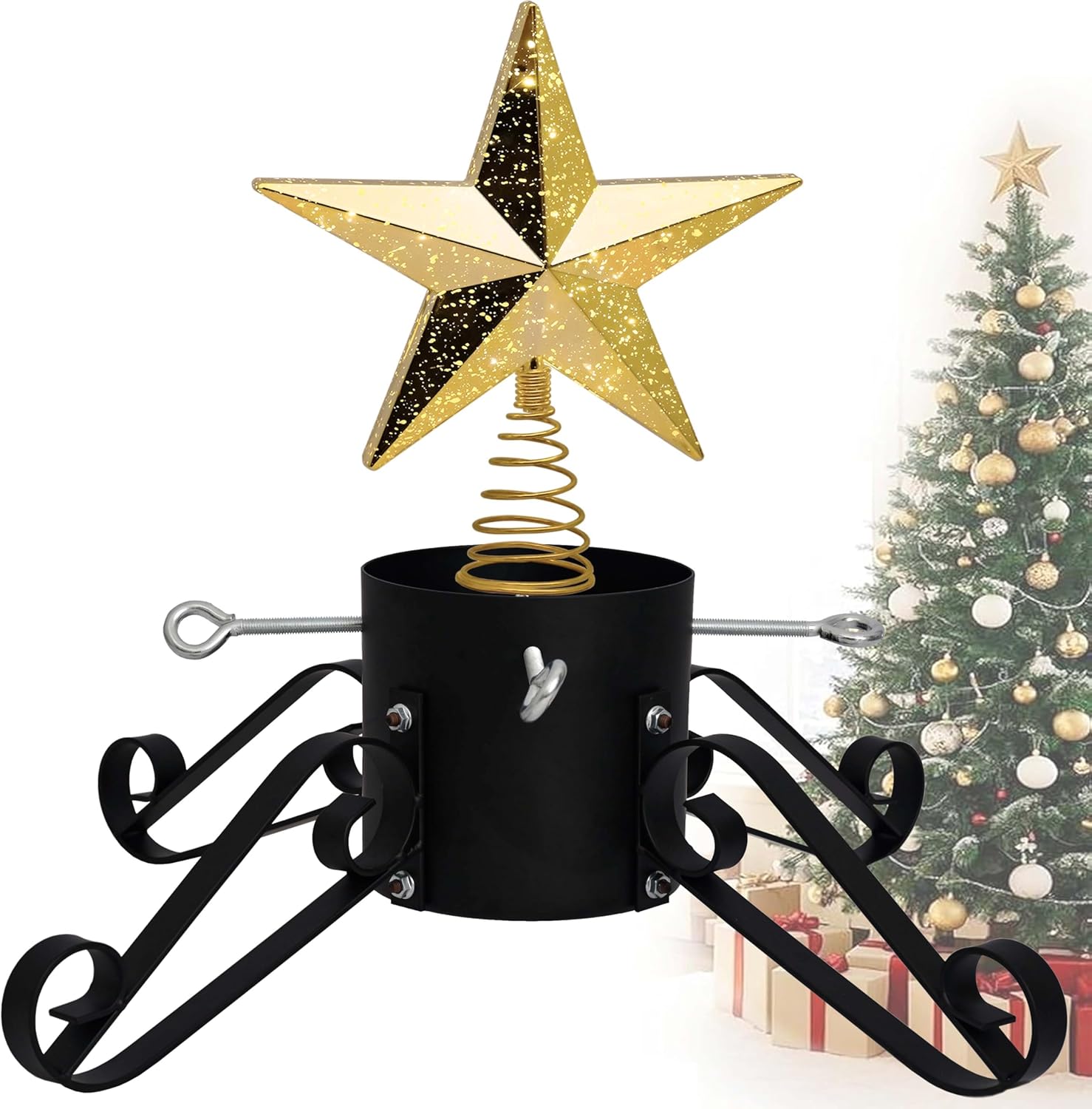10FT Christmas Tree Stand for Real Trees, 24" Base Holds up to 10 ft Live Trees & 3D Tree Topper with Timer, 20 Clear Lights & 8 Light Modes (Black)